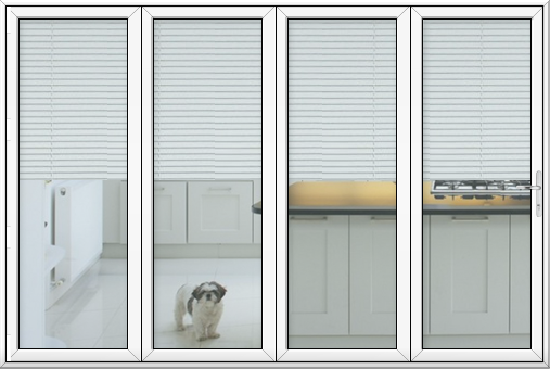 White Aluminium bifold doors with Integral Blinds
