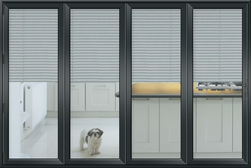 Bifold doors RAL 7011 with integral blinds