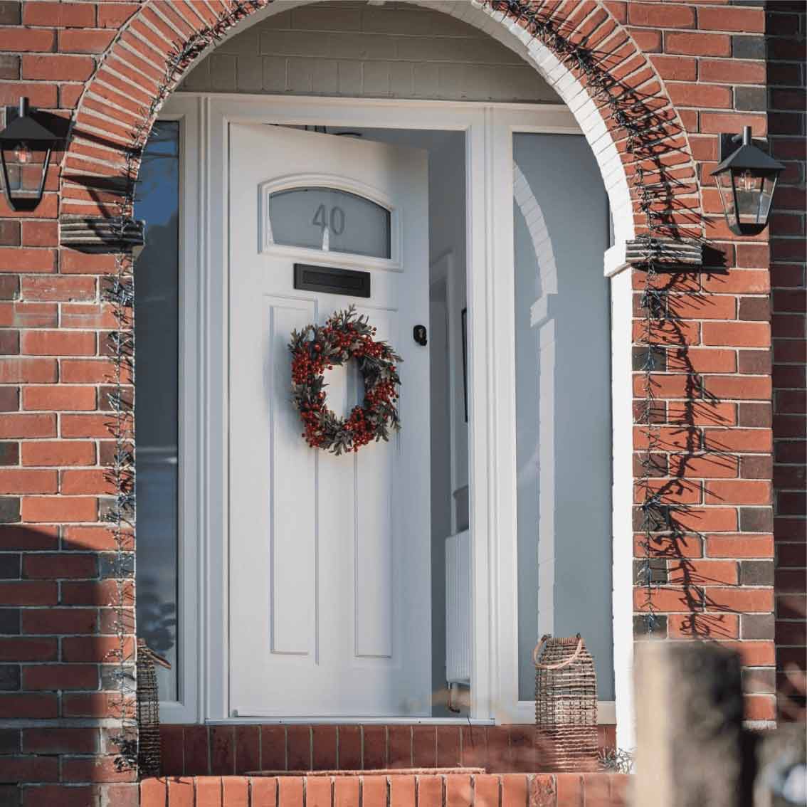 Comp door with side panel and wreath