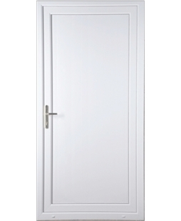 A modern white door with a metal handle, closed and isolated against a plain background.