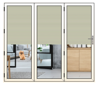 cream aluminium trifold doors with integral blinds