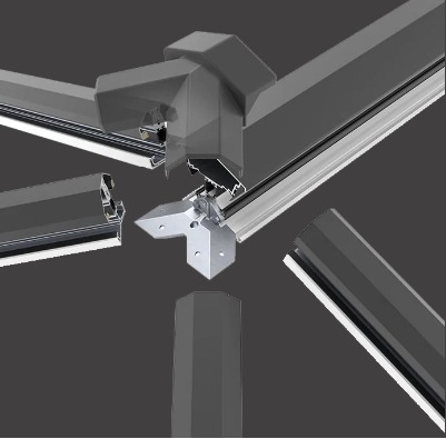 3d rendering of a metallic junction box with multiple conduits connected, displayed in a grey-scale color scheme.