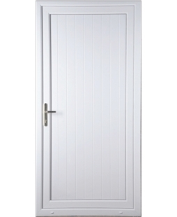 White paneled door with a metallic handle, closed and set within a light frame.