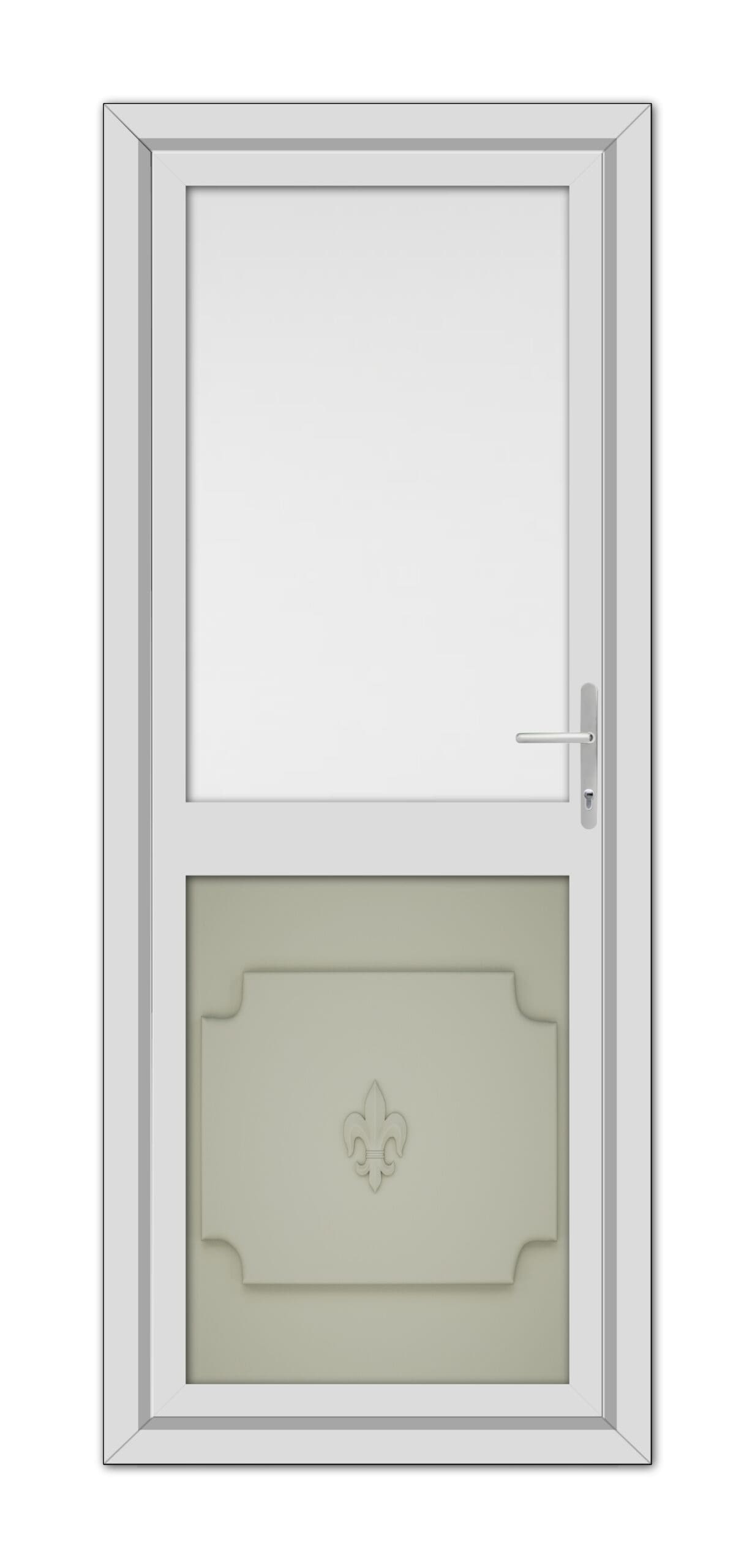 A modern white Agate Grey Abbey Half uPVC Back Door with a lower frosted glass pane featuring a decorative fleur-de-lis design, complete with a handle on the right side.