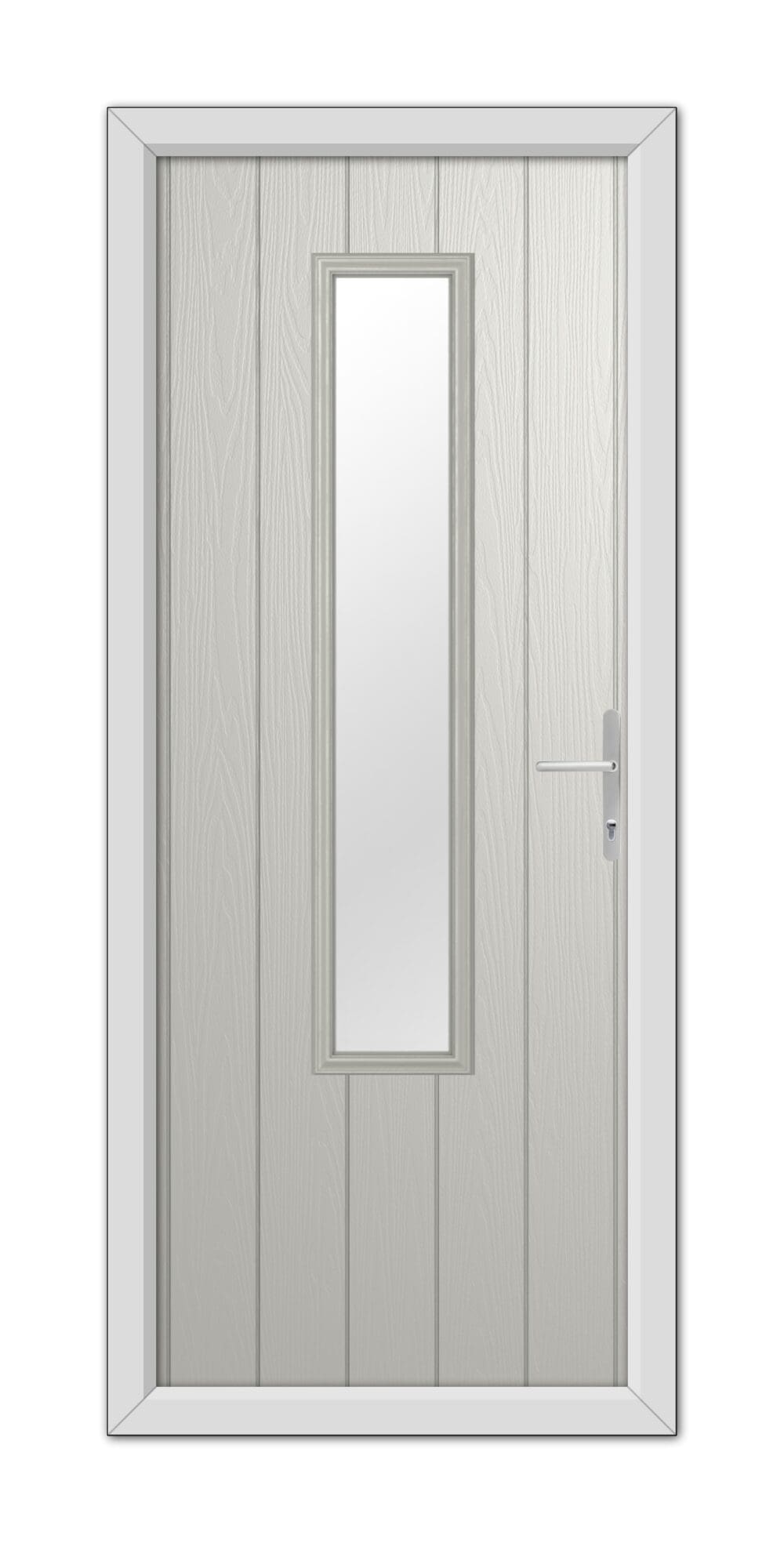 A Agate Grey Abercorn Composite Door 48mm Timber Core with a vertical rectangular window and a metal handle, set within a white frame.