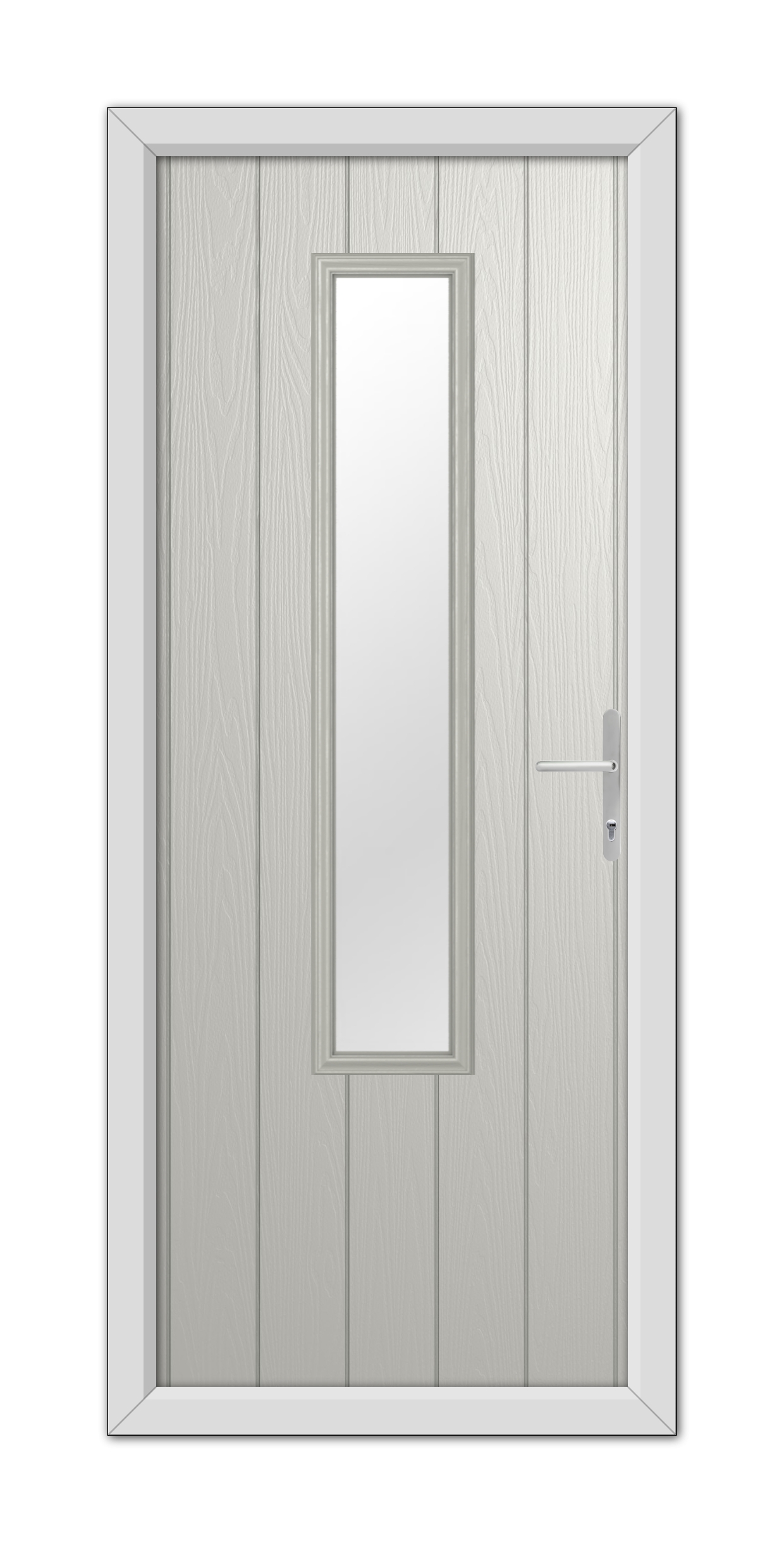 A Agate Grey Abercorn Composite Door 48mm Timber Core with a vertical rectangular window and a metal handle, set within a white frame.