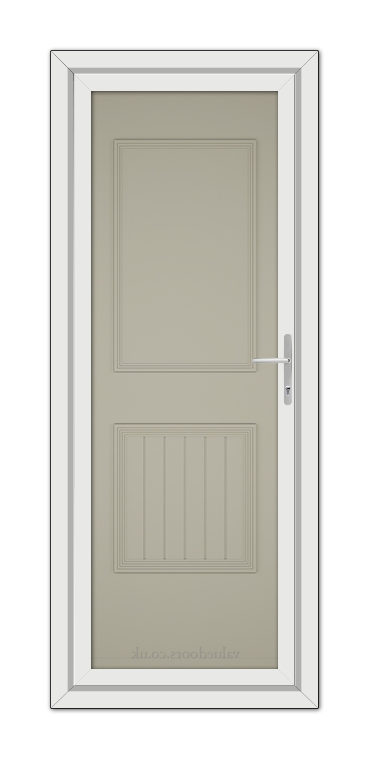 A vertical image of a closed, modern Agate Grey Alnwick One Solid uPVC door with a metal handle, set within a white frame.