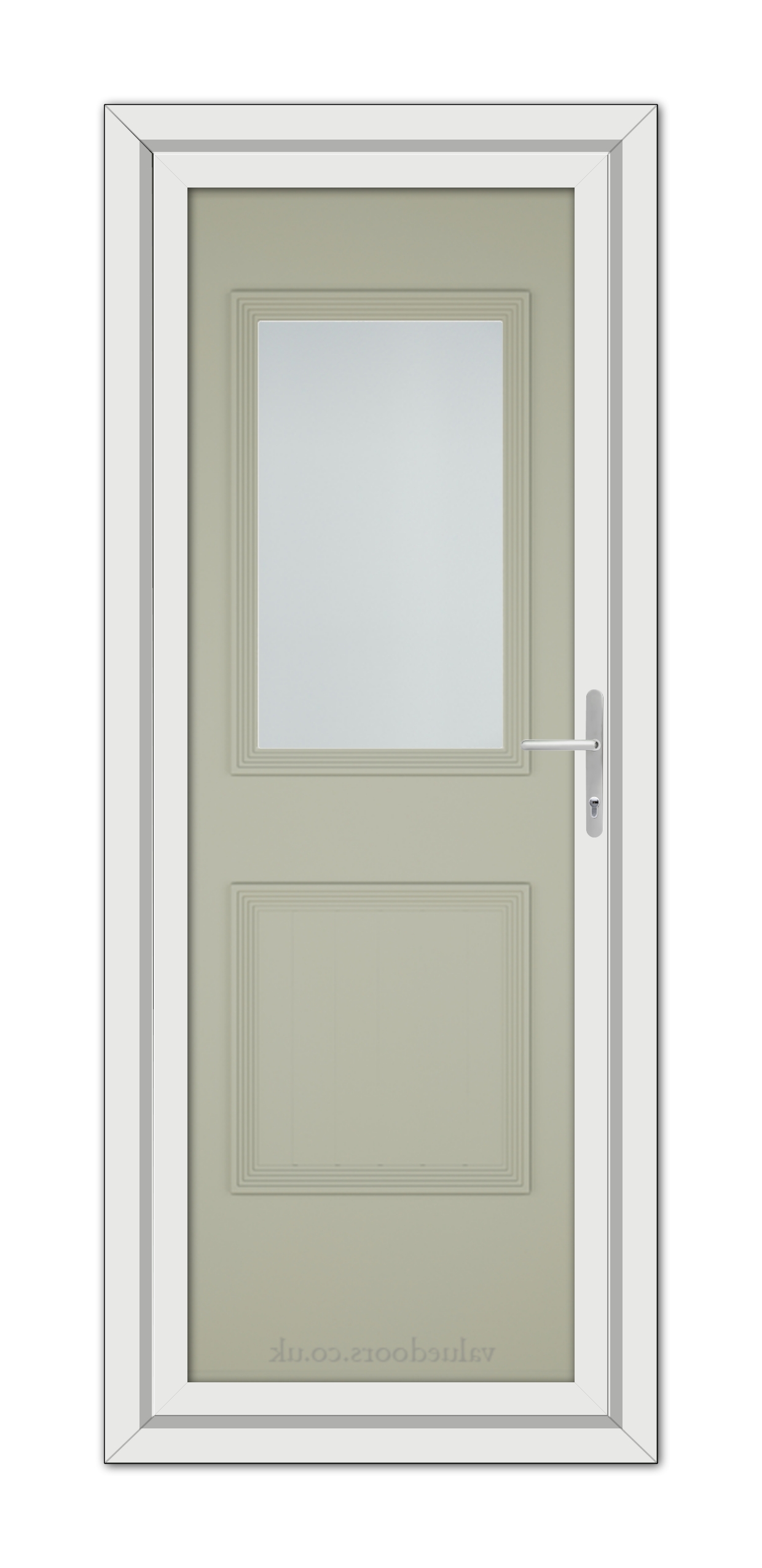 A vertical image of a closed, modern Agate Grey Alnwick One uPVC door with a rectangular glass panel on top, a solid panel on the bottom, and a white handle on the right.