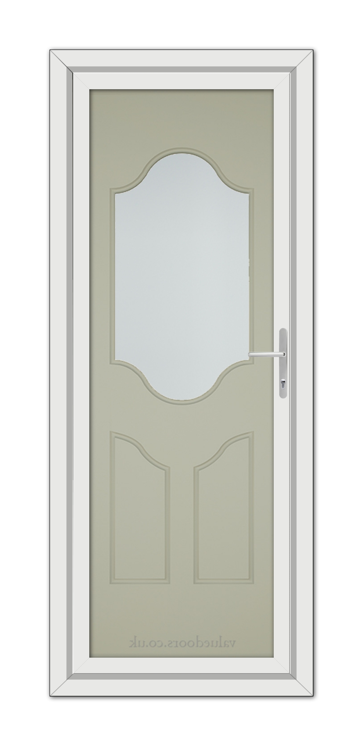 A vertical image of a closed Agate Grey Althorpe One uPVC Door with an oval glass panel at the top, set within a white frame, viewed from the front.