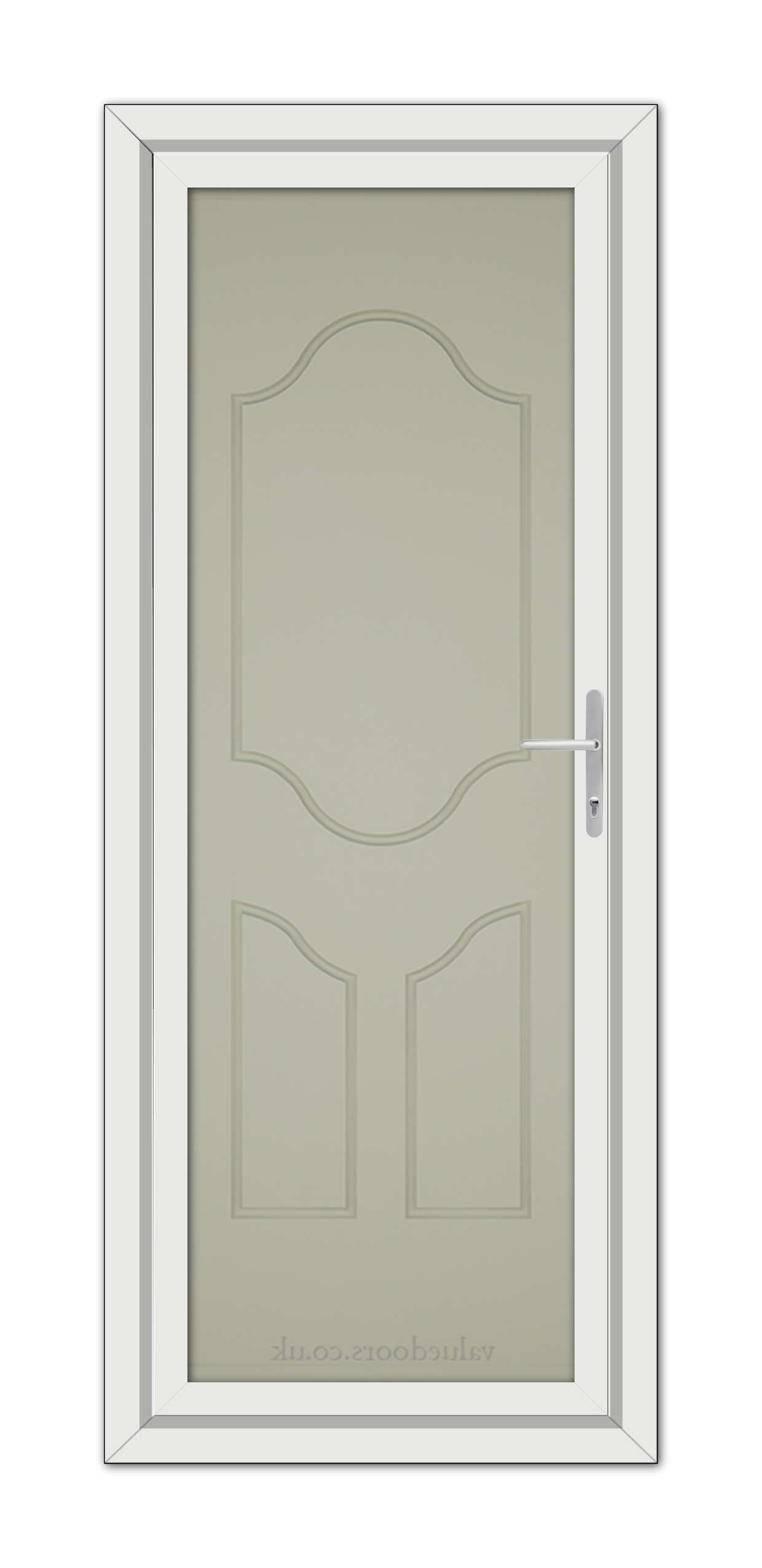 A vertical image of a closed, Agate Grey Althorpe Solid uPVC Door with a white frame, featuring an ornate upper panel and a handle on the right side.