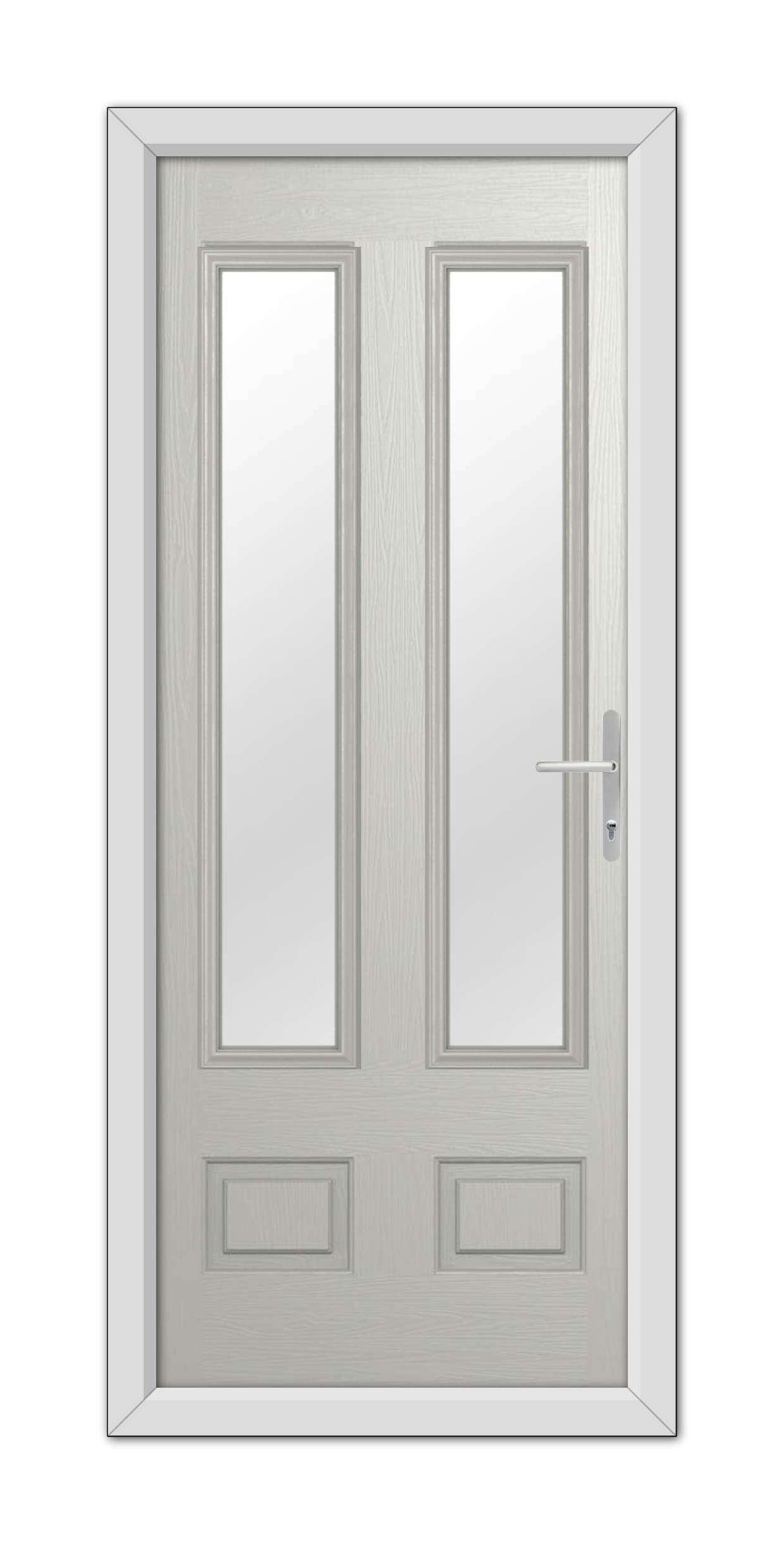 A modern Agate Grey Aston Glazed 2 Composite Door 48mm Timber Core with glass panels, metal handle, and a white frame, viewed head-on.
