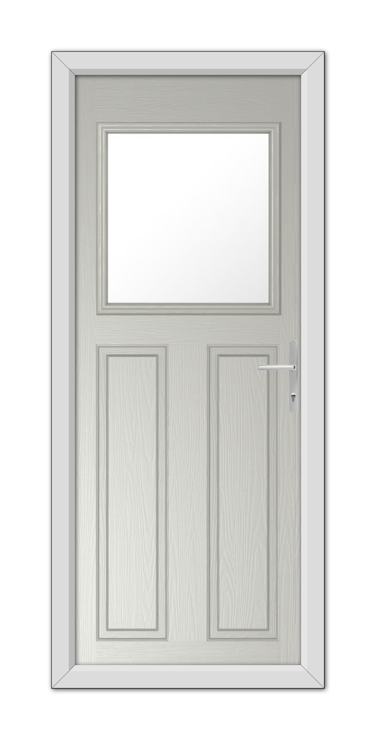 A Agate Grey Axwell Composite Door 48mm Timber Core equipped with a small square window near the top and a stainless steel handle on the right side.