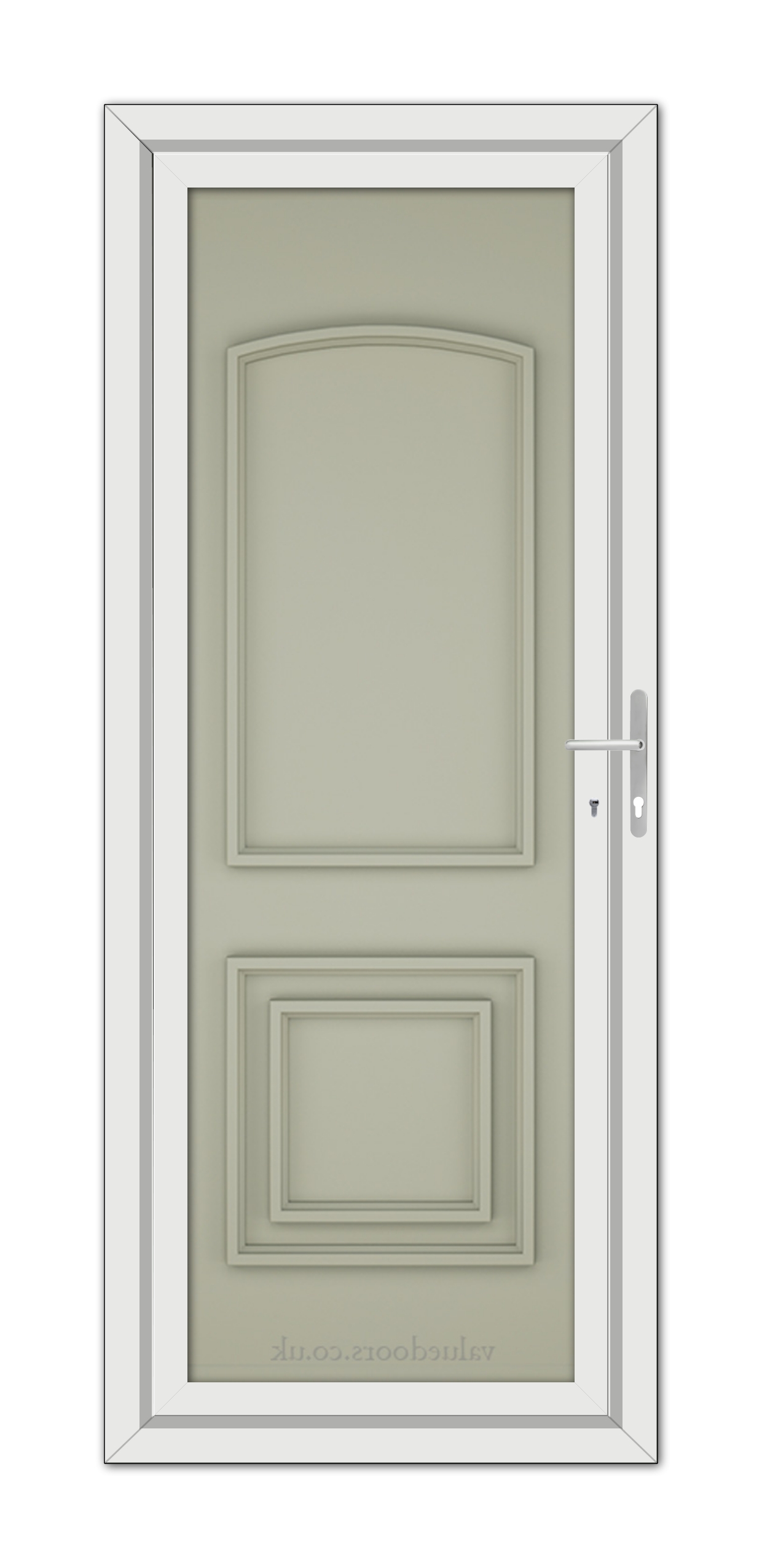 An upright closed Agate Grey Balmoral Classic Solid uPVC door with a white frame, featuring an upper arched panel and a lower rectangular panel, and equipped with a metal handle.