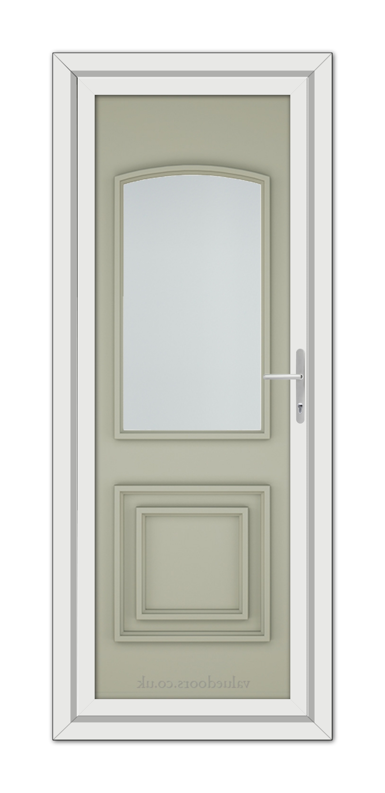 A vertical image of a closed Agate Grey Balmoral Classic uPVC door with a small oval window, set within a white door frame, isolated on a white background.