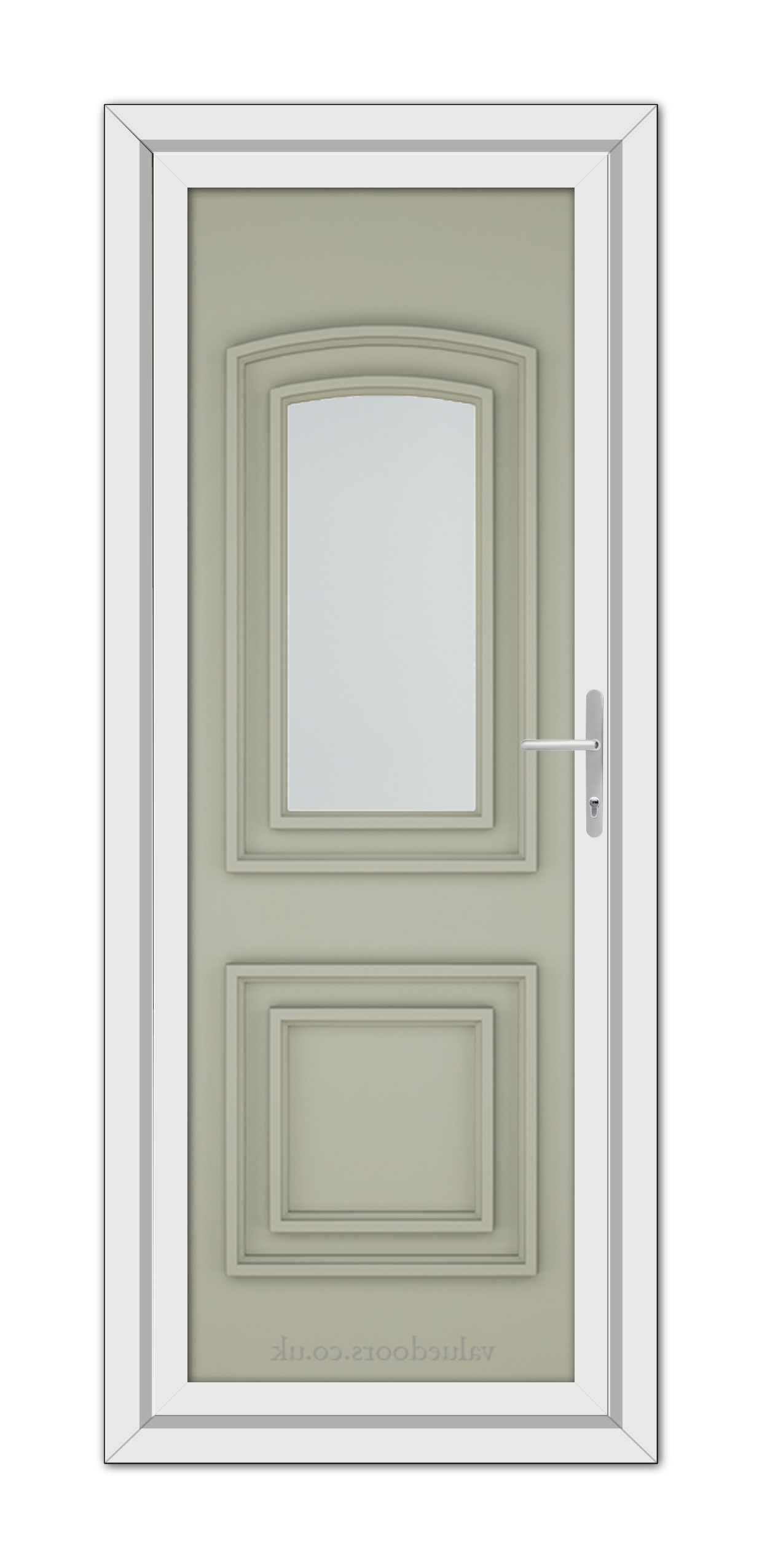 A Agate Grey Balmoral One uPVC Door with a rectangular central window, a metal handle on the right, and a surrounding white frame.