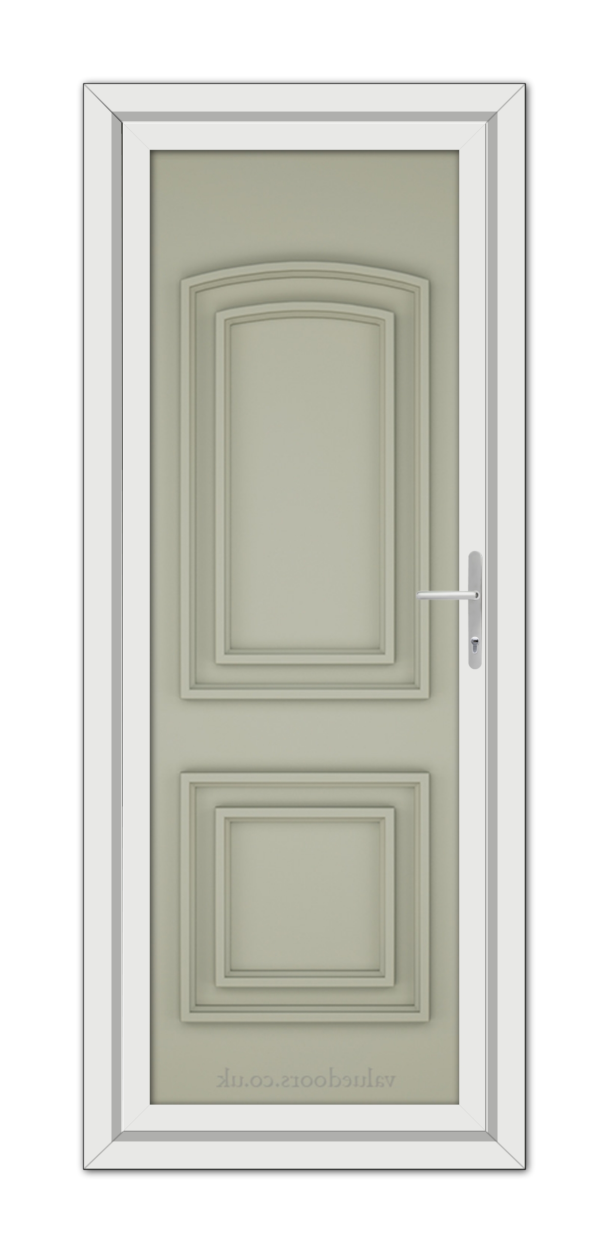 An upright Agate Grey Balmoral Solid uPVC door with a simple handle and a white frame, isolated on a white background.