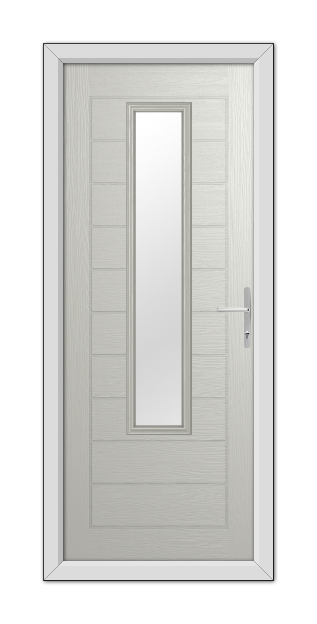 Agate Grey Bedford Composite Door 48mm Timber Core with a vertical, rectangular glass panel and a modern silver handle, set within a simple frame.