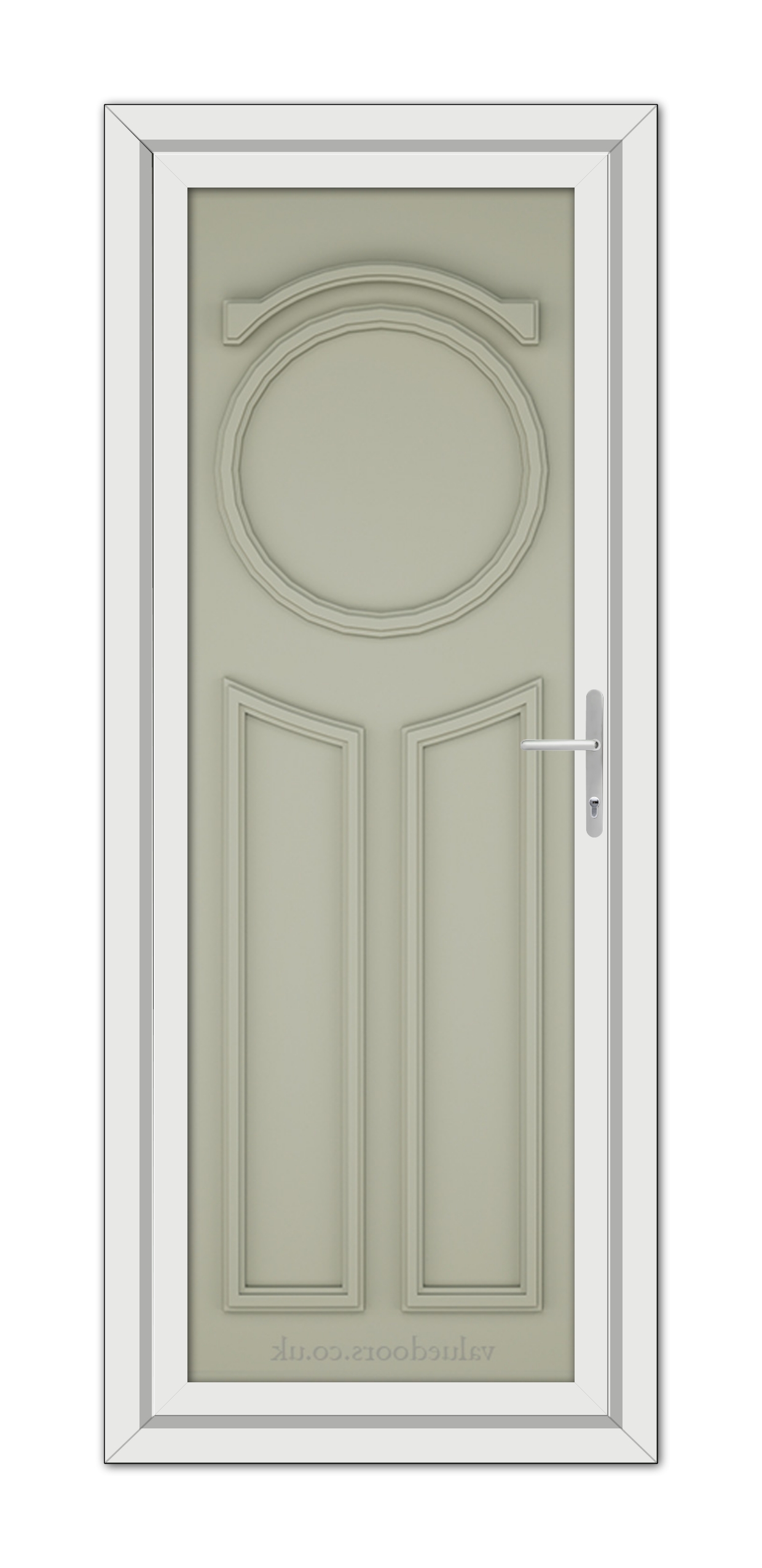 A Agate Grey Blenheim Solid uPVC Door with a circular window at the top, featuring a modern handle on the right side, set within a white frame.