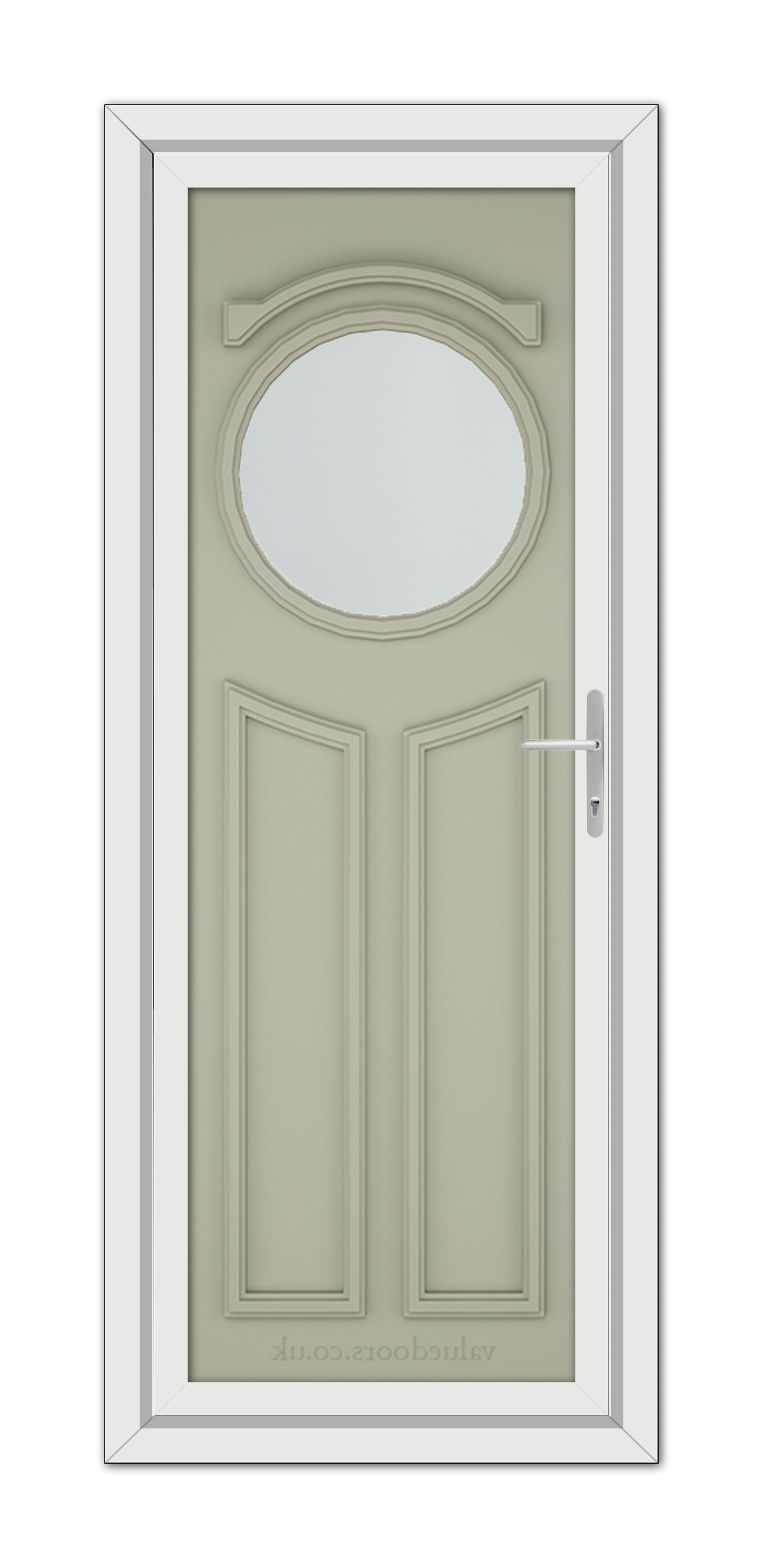 A agate grey front door with an oval glass window at the top, framed by white trim and equipped with a modern handle.