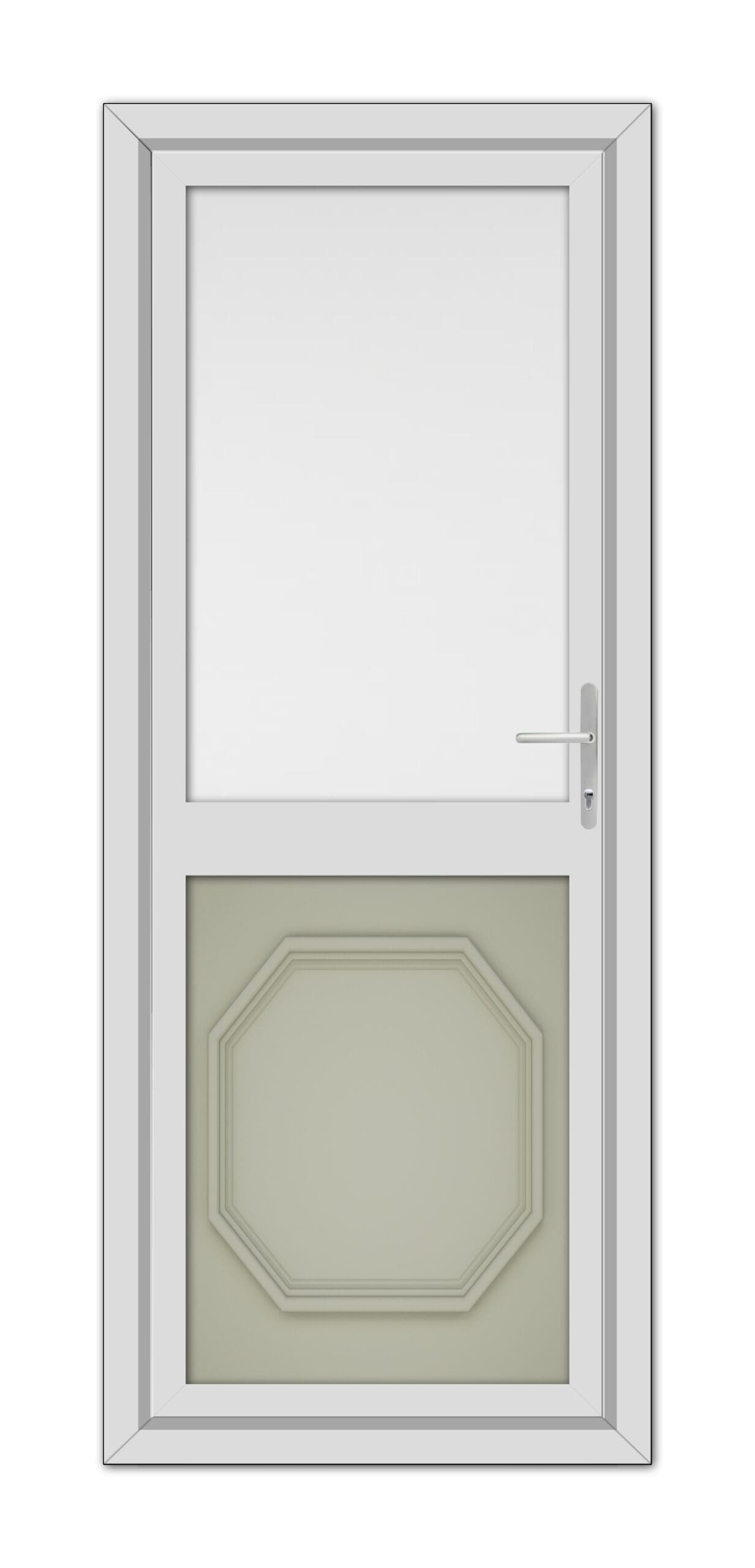 A modern Agate Grey Buckingham Half uPVC Back Door with an octagonal window at the bottom and a square window at the top, featuring a metallic handle on the right side.