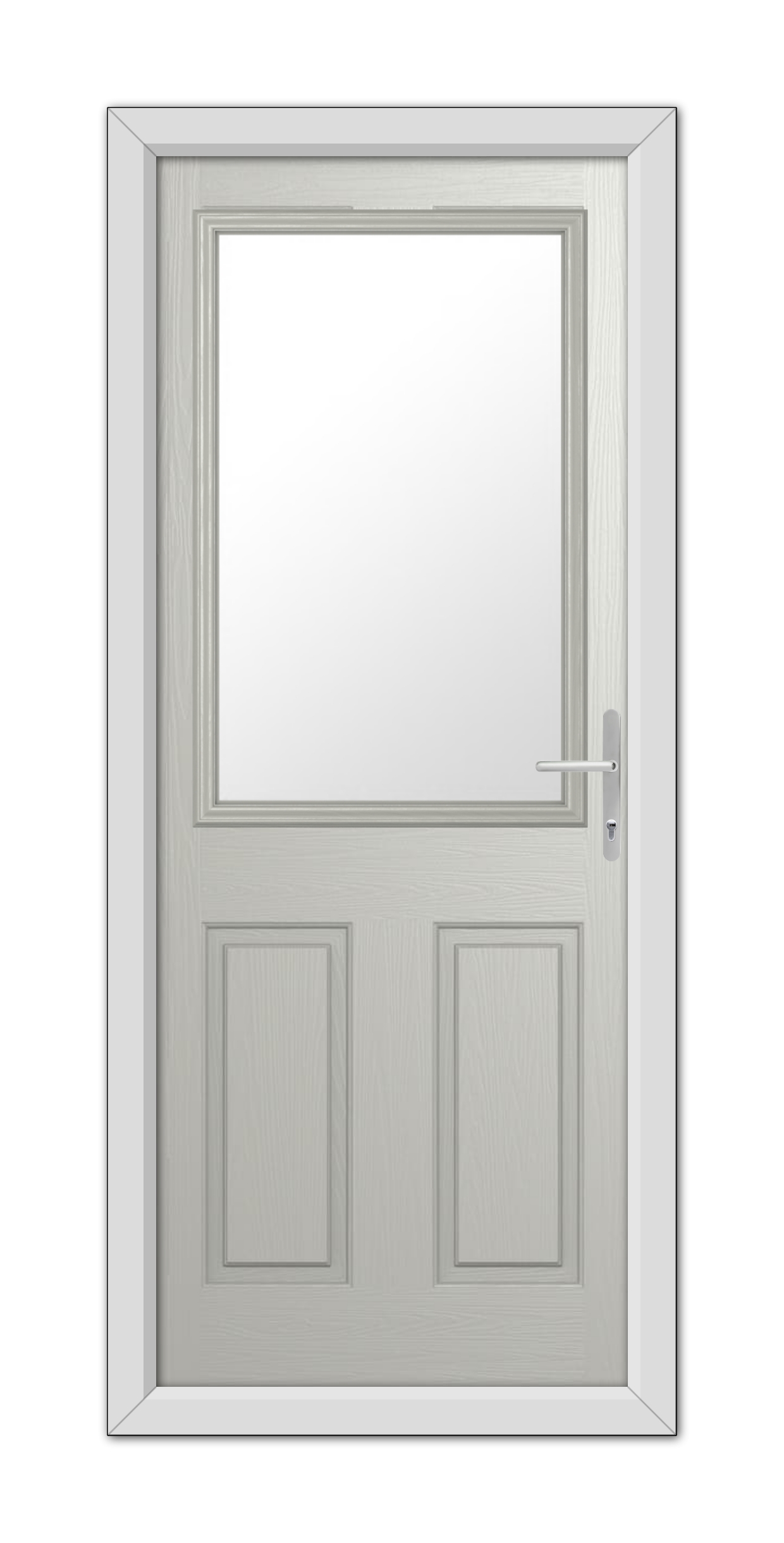 A modern Agate Grey Buxton Composite Door 48mm Timber Core with a vertical handle and a large frosted glass panel, framed by a simple white trim.