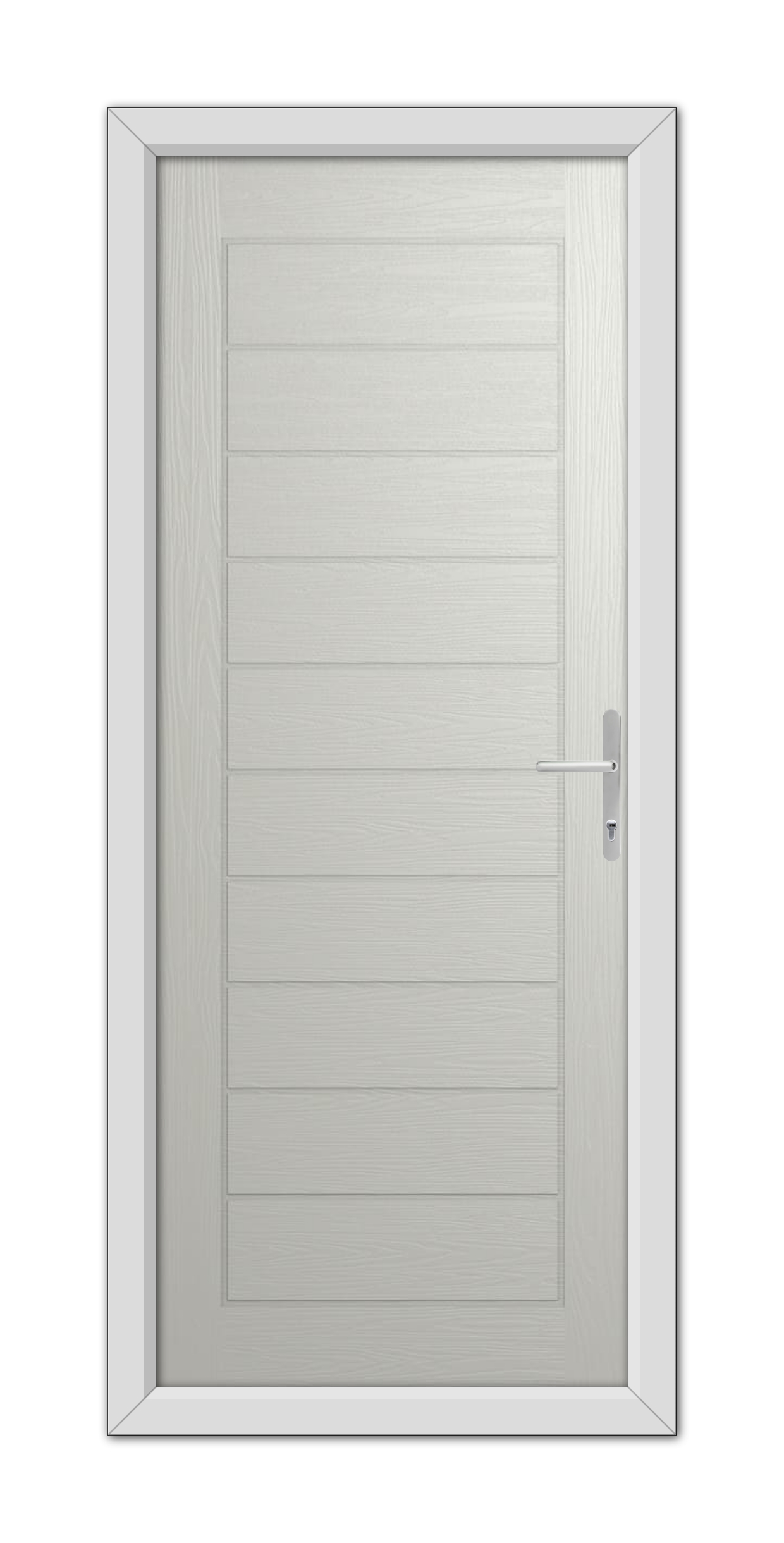 A modern white Agate Grey Cambridge Composite Door 48mm Timber Core with horizontal panels and a silver handle, set within a grey door frame.