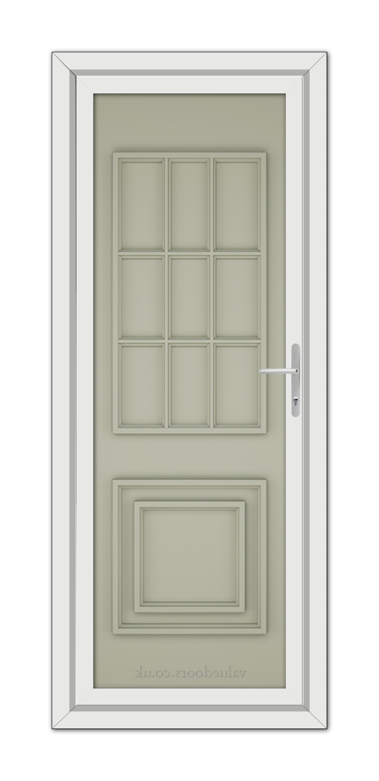 An elegant Agate Grey Cambridge One Solid uPVC door with a white frame, featuring a rectangular design with fifteen panels and a metallic handle on the right side.