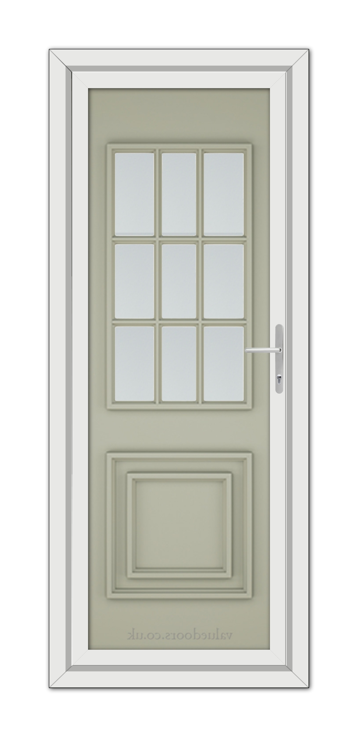 A modern Agate Grey Cambridge One uPVC Door in a pastel green color featuring a rectangular window with nine panes, set within a gray frame.