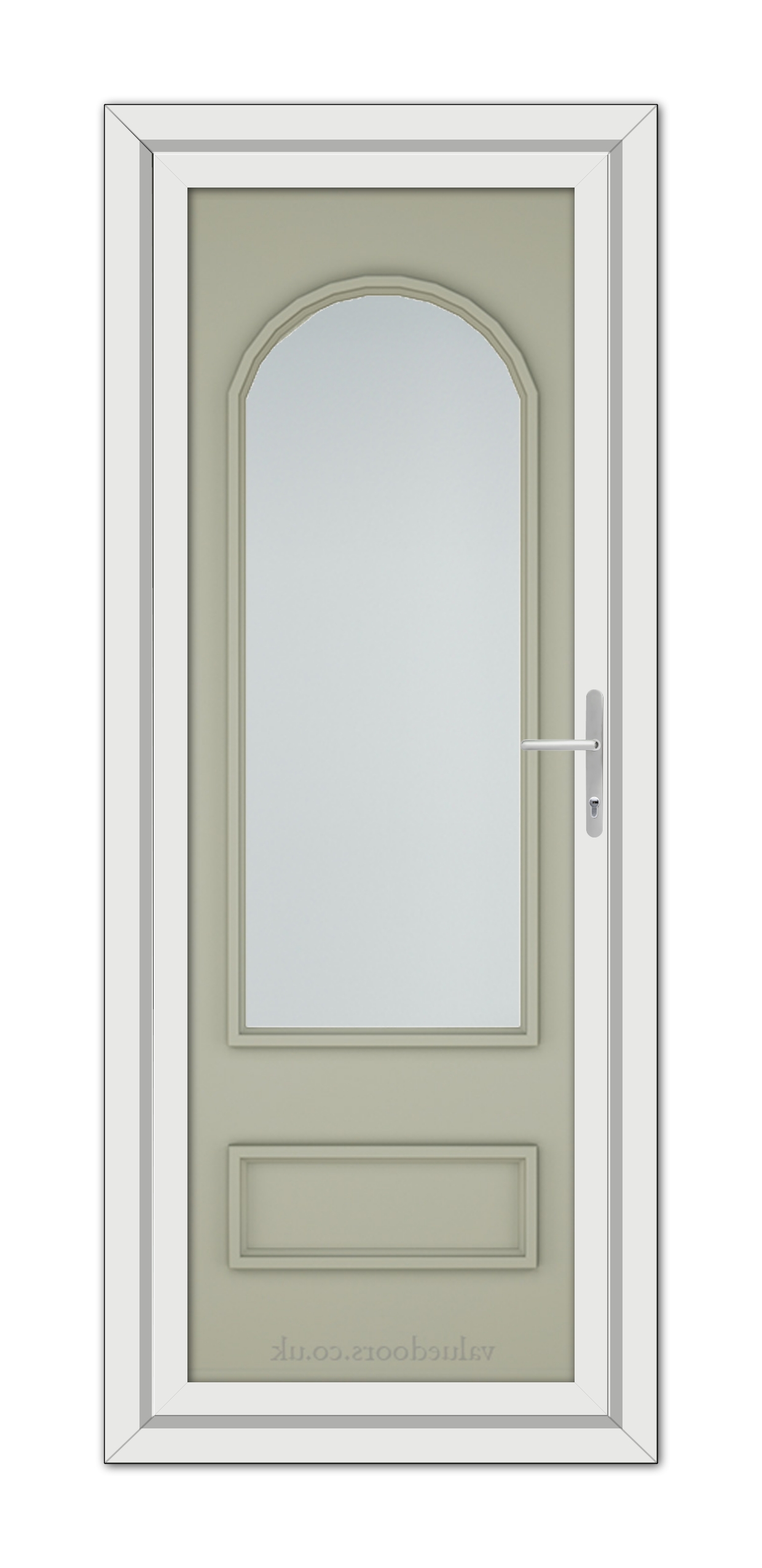 A modern, Agate Grey Canterbury uPVC Door with an arched window at the top, a white handle, and a white frame.