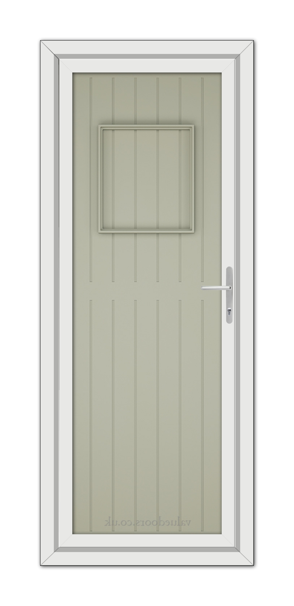 A modern Agate Grey Chatsworth Solid uPVC door with a small, rectangular window at the top and a metallic handle, set in a white door frame.