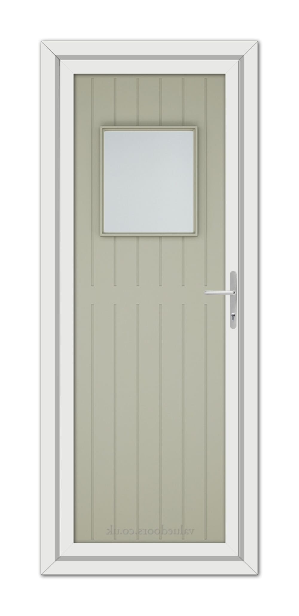 A modern Agate Grey Chatsworth uPVC Door with a vertical panel design and a small square window, framed by a white door frame, equipped with a silver handle.