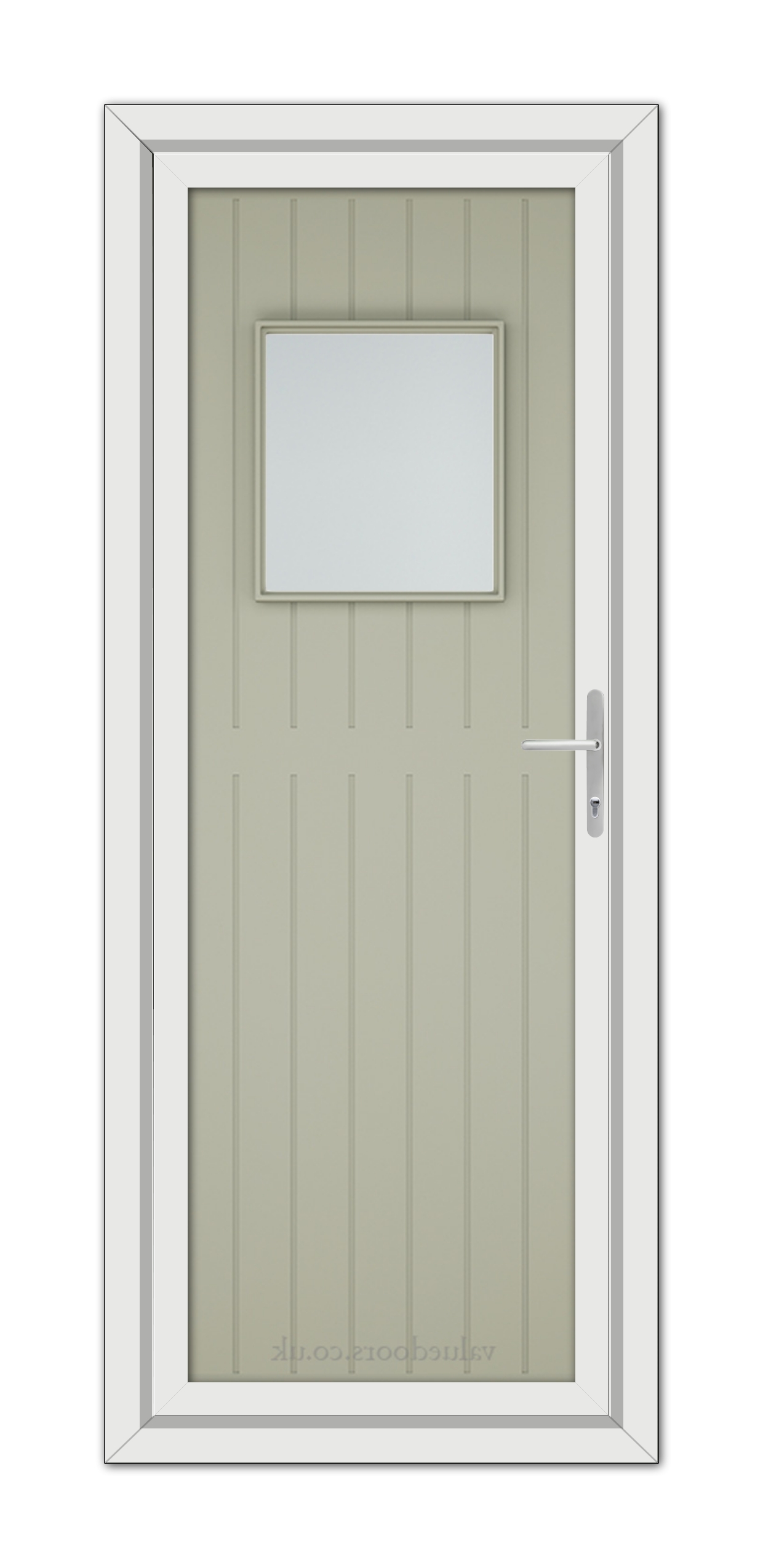 A modern Agate Grey Chatsworth uPVC Door with a vertical panel design and a small square window, framed by a white door frame, equipped with a silver handle.