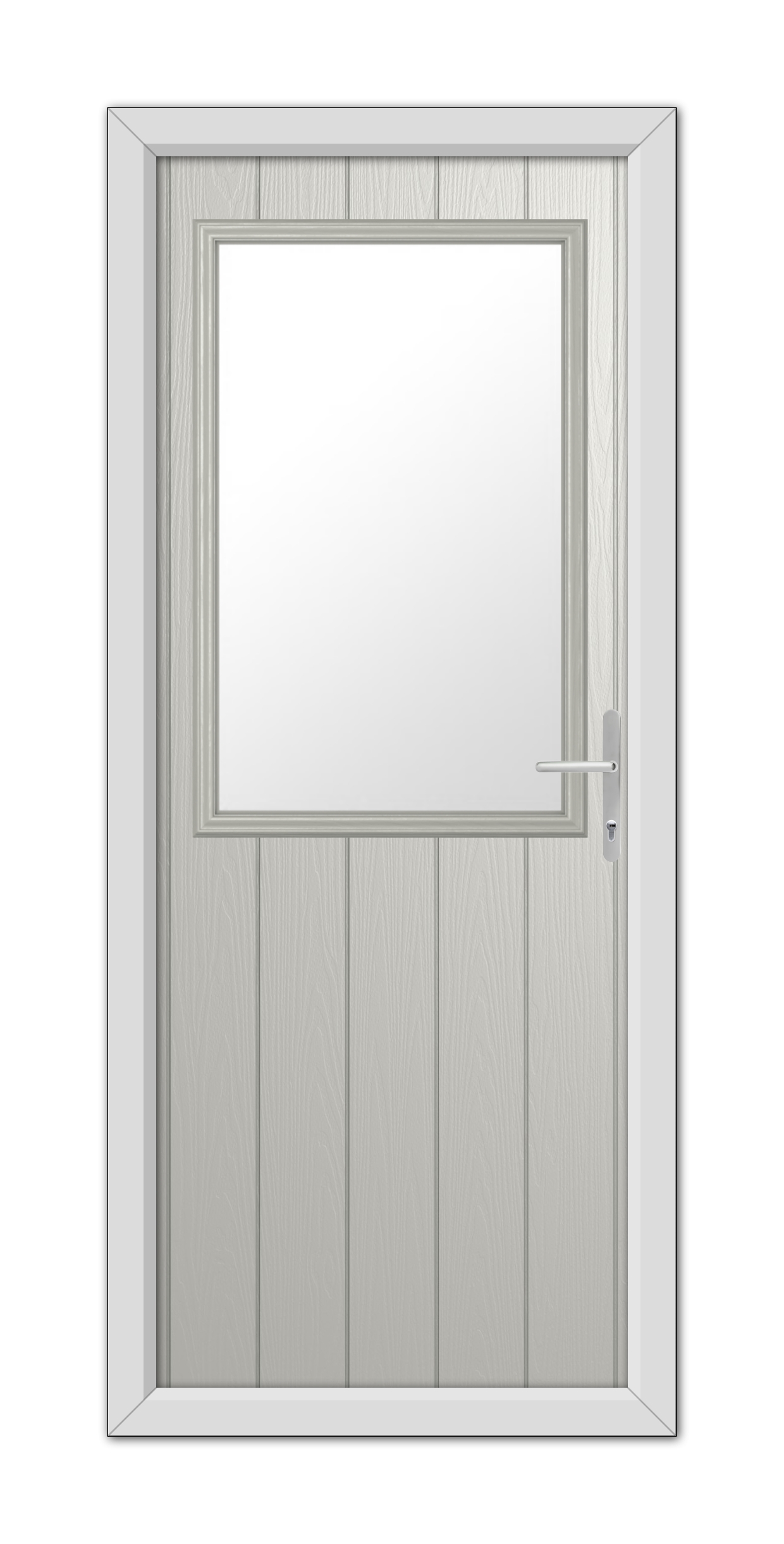 A Agate Grey Clifton Composite Door 48mm Timber Core with a large central glass panel and a metal handle, set within a simple frame.