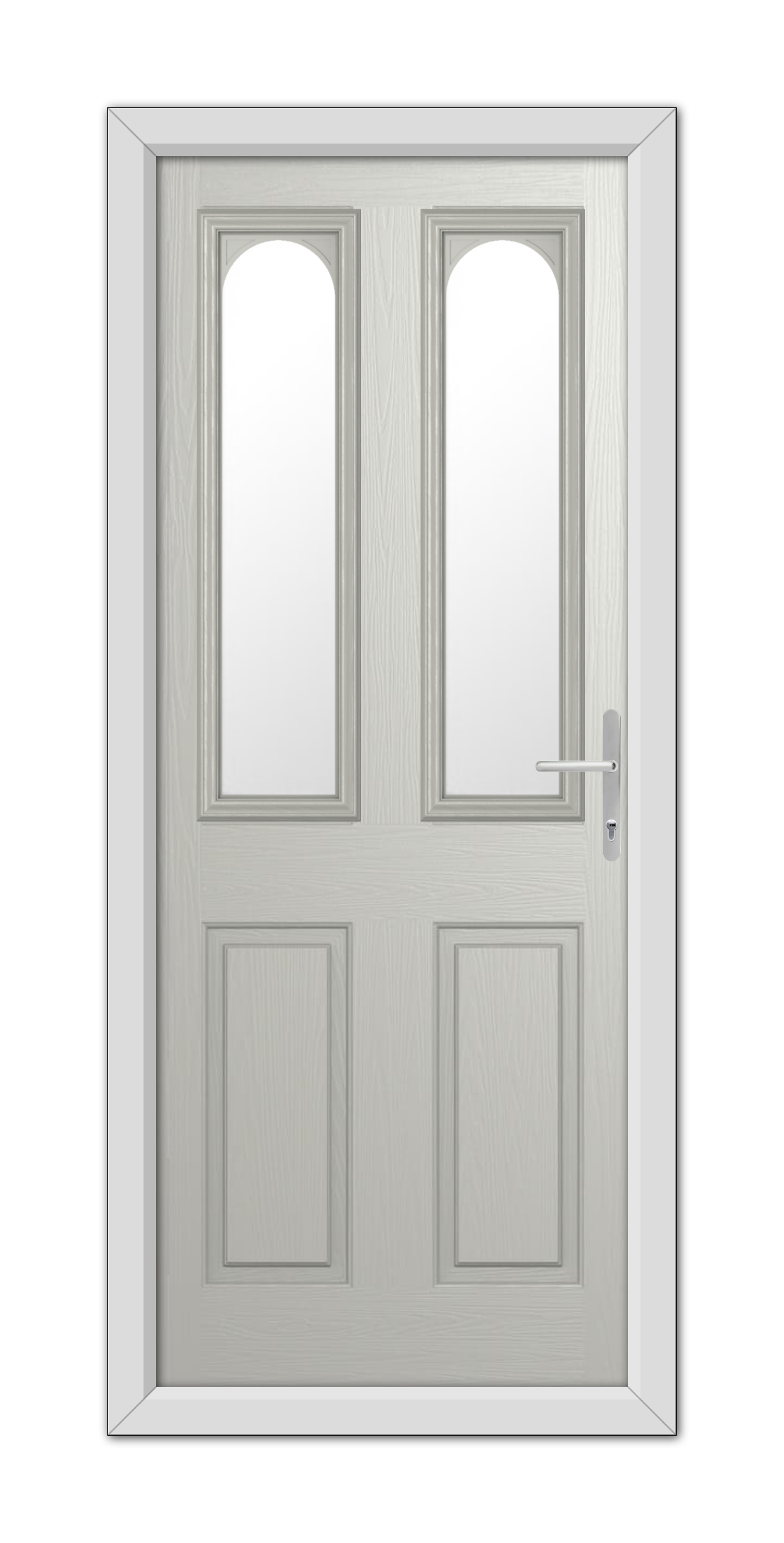 A modern Agate Grey Elmhurst Composite Door with upper glass panels and a metal handle on the right side, set in a simple frame.