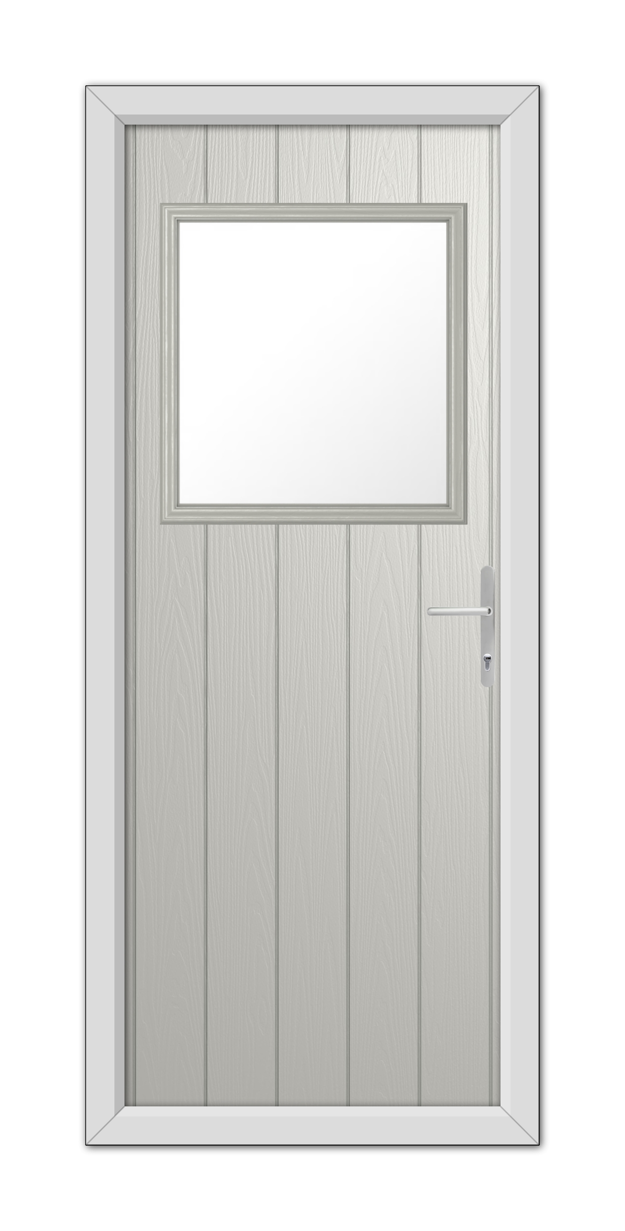 A modern Agate Grey Fife Composite Door 48mm Timber Core featuring a rectangular glass window at the top and a metal handle on the right side.