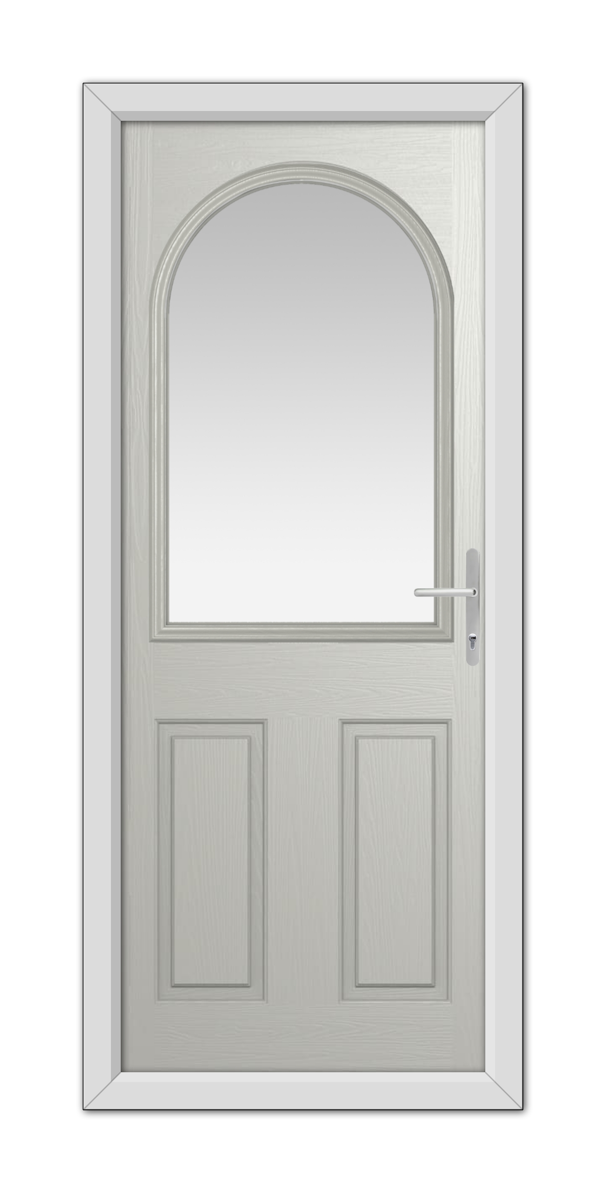 A Agate Grey Grafton Composite Door 48mm Timber Core with an arched window at the top, featuring a metallic handle on the right side, set in a simple frame.