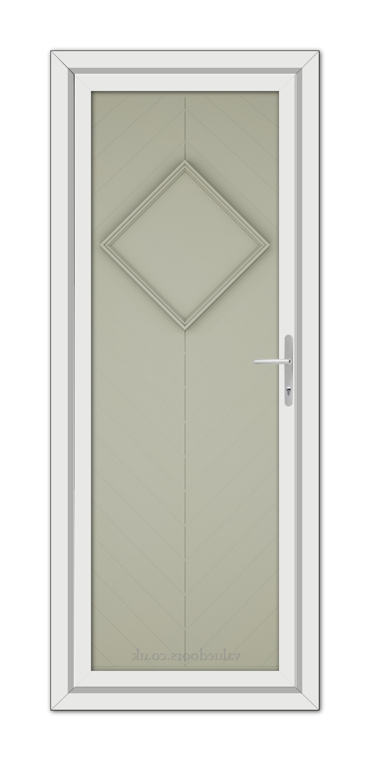 Vertical image of a Agate Grey Hamburg Solid uPVC Door featuring a white frame, diamond-shaped window, and a metal handle, isolated on a white background.