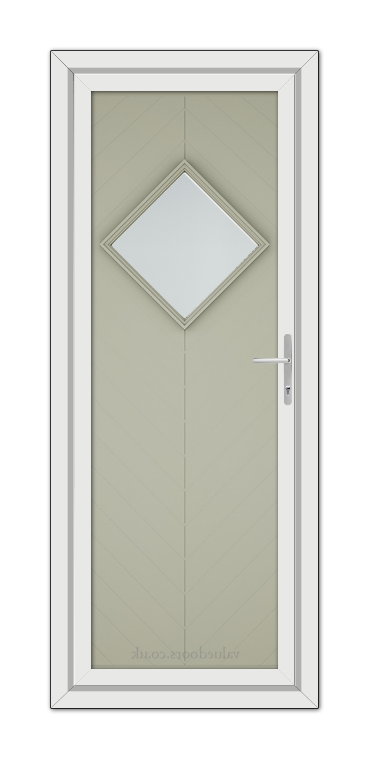 An Agate Grey Hamburg uPVC door with a diamond-shaped window and white frame, featuring a silver handle on the right side.