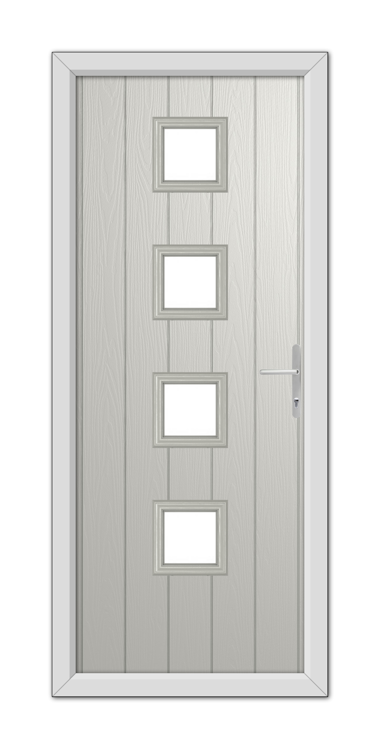 A modern Agate Grey Hamilton Composite Door 48mm Timber Core with four rectangular glass panels, a silver handle, and a frame, viewed from the front.