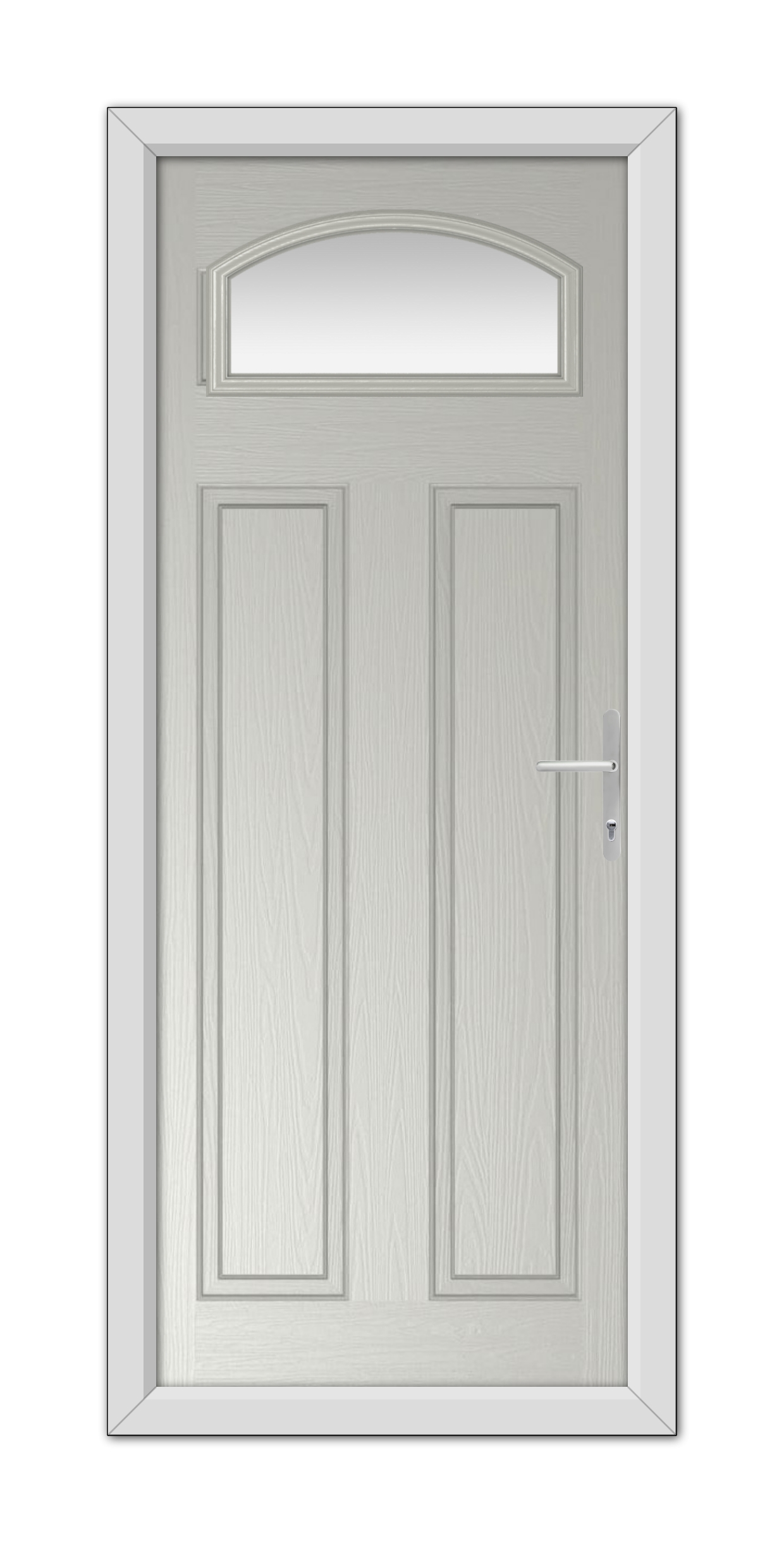 A modern Agate Grey Harlington Composite Door 48mm Timber Core with an arched window at the top and a metal handle on the right side.