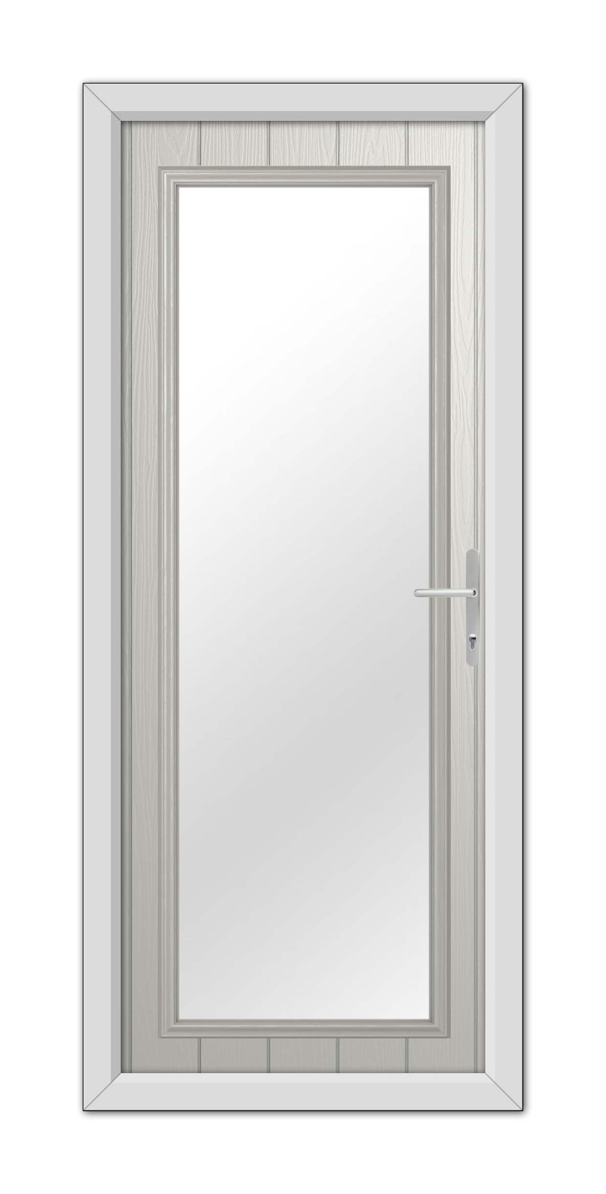 A modern Agate Grey Hatton Composite Door 48mm Timber Core with a clear rectangular glass panel, framed in white, and equipped with a silver handle on the right side.