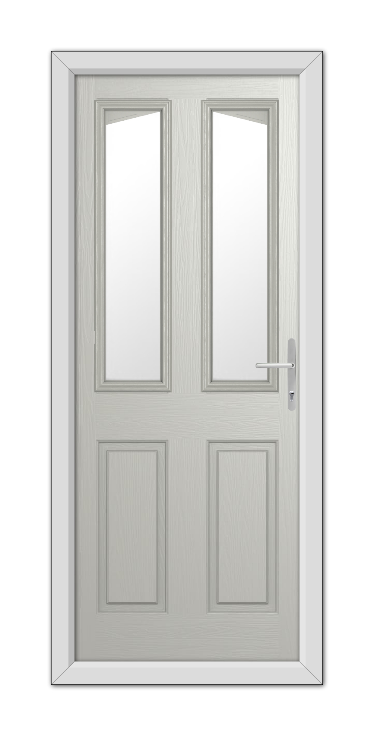 A modern Agate Grey Highbury Composite Door 48mm Timber Core with upper half glass panels, a silver handle on the right, and framed within a white door frame.