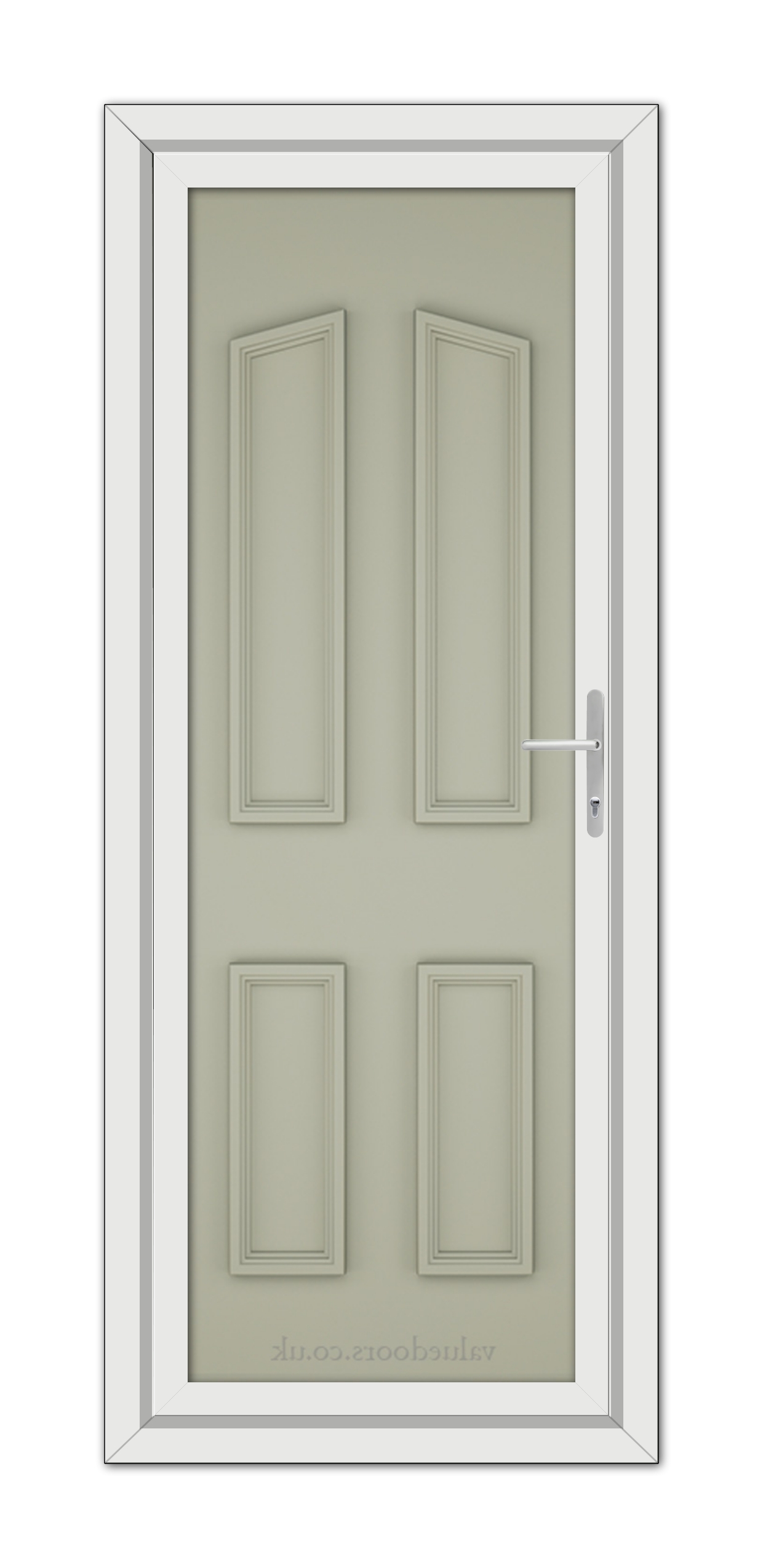 A agate grey door with four recessed panels and a modern silver handle, set within a white frame.