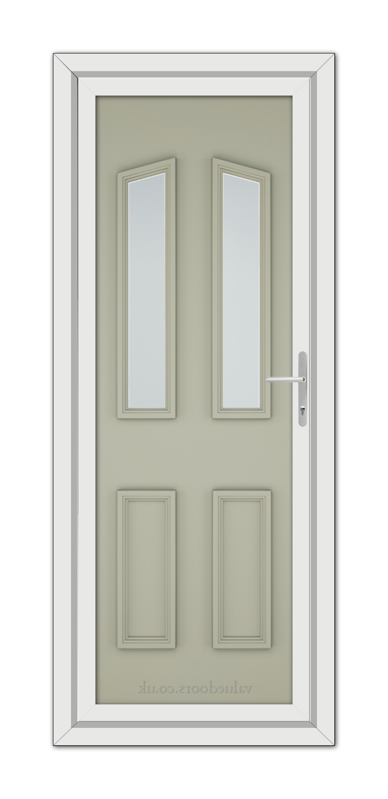 Agate Grey Kensington uPVC Door with long vertical glass panels and a silver handle, set in a white frame.