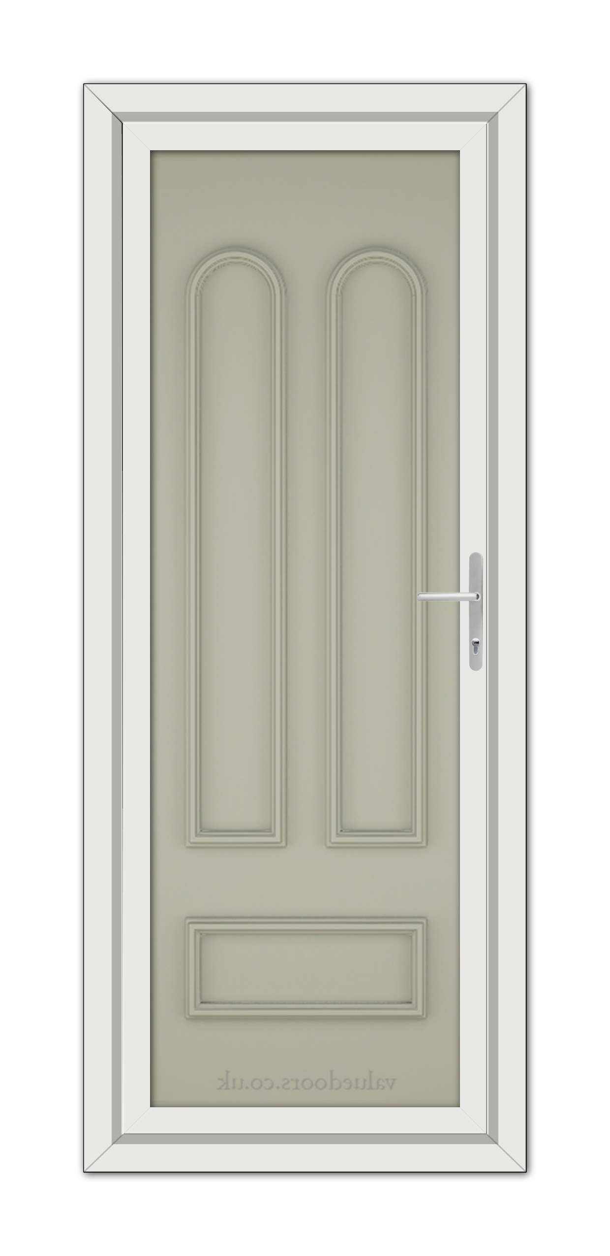 A Agate Grey Madrid Solid uPVC Door with two vertical panels and a silver handle, set within a white frame.