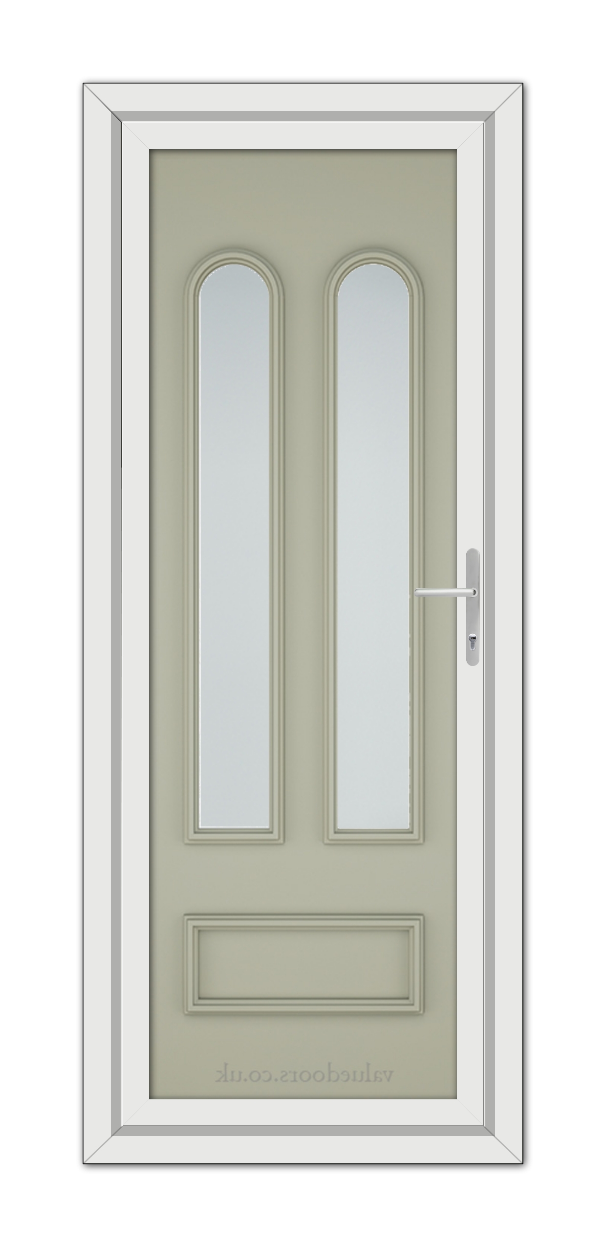 A modern Agate Grey Madrid uPVC door featuring two vertical glass panels and a silver handle, set within a white frame.