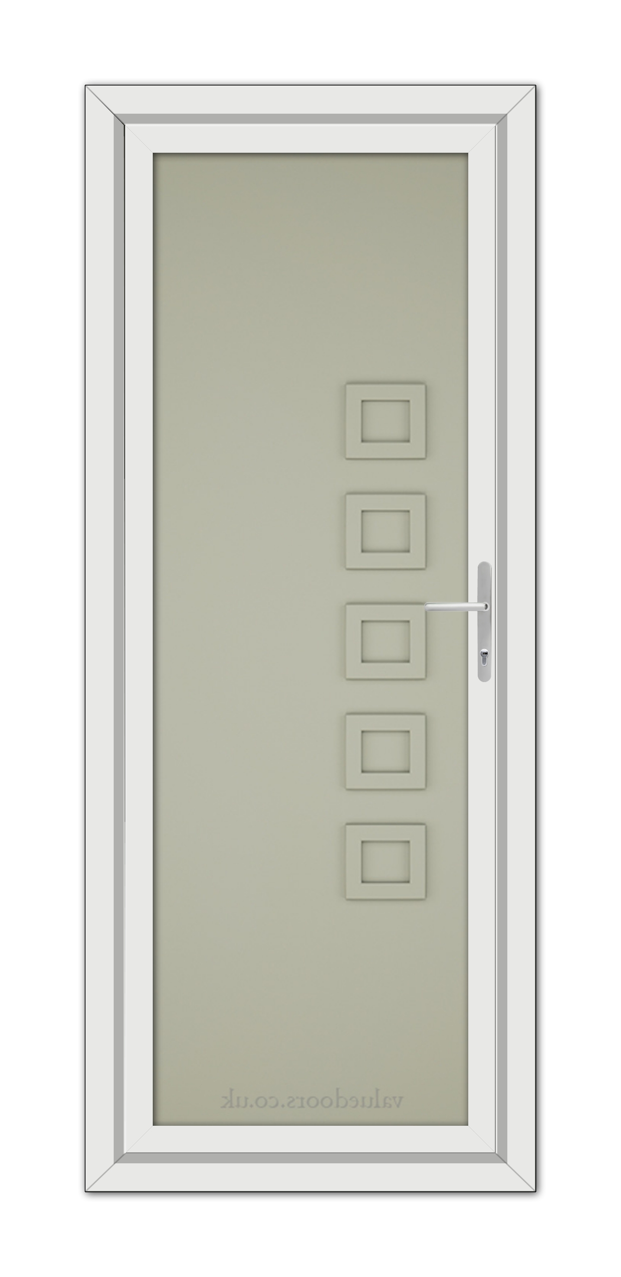 A modern Agate Grey Malaga Solid uPVC Door with a frosted glass pane featuring five square windows, framed in white, with a metallic handle on the right.