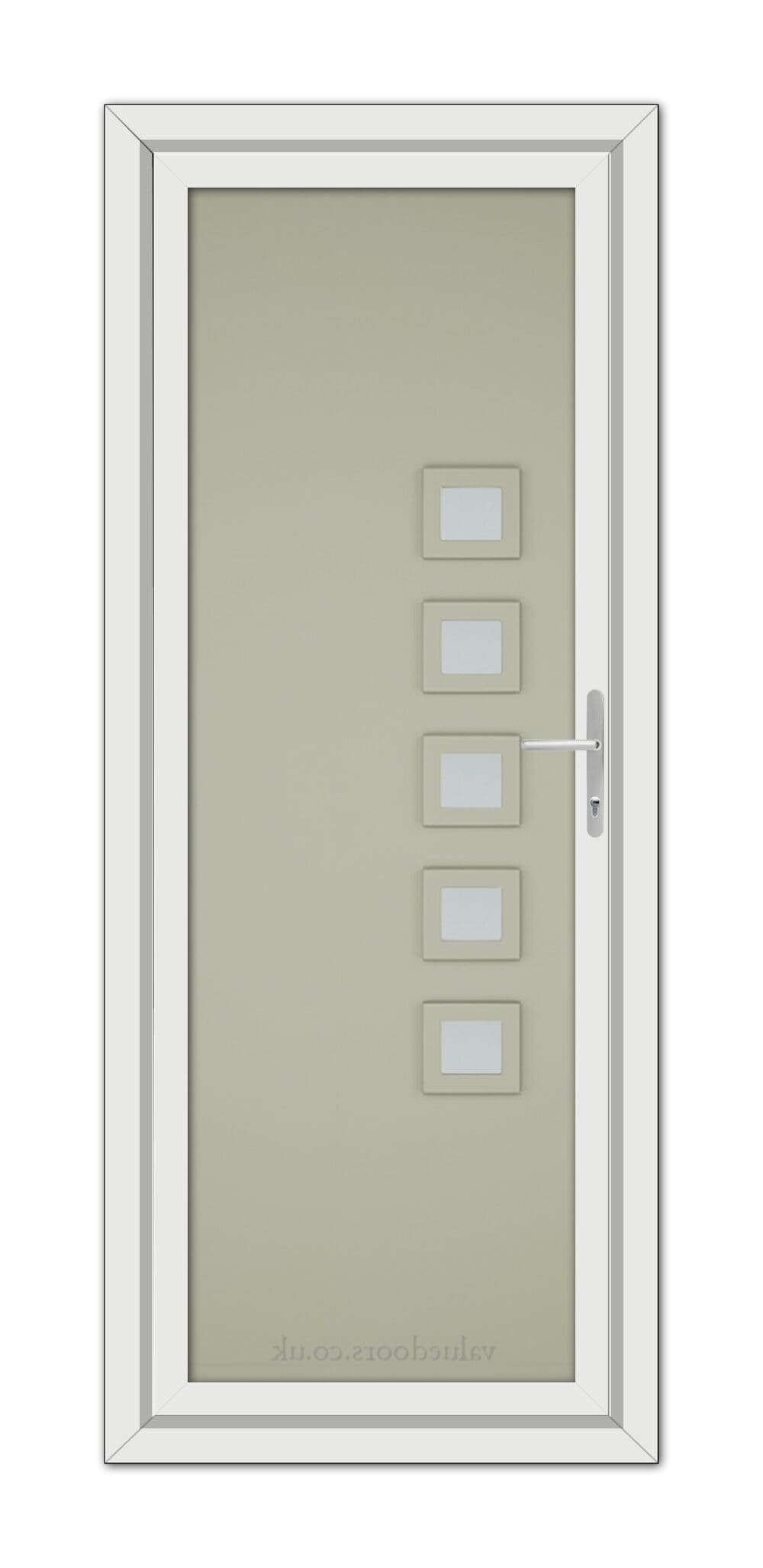Agate Grey Malaga uPVC Door with a vertical line of five square windows and a silver handle, isolated on a white background.