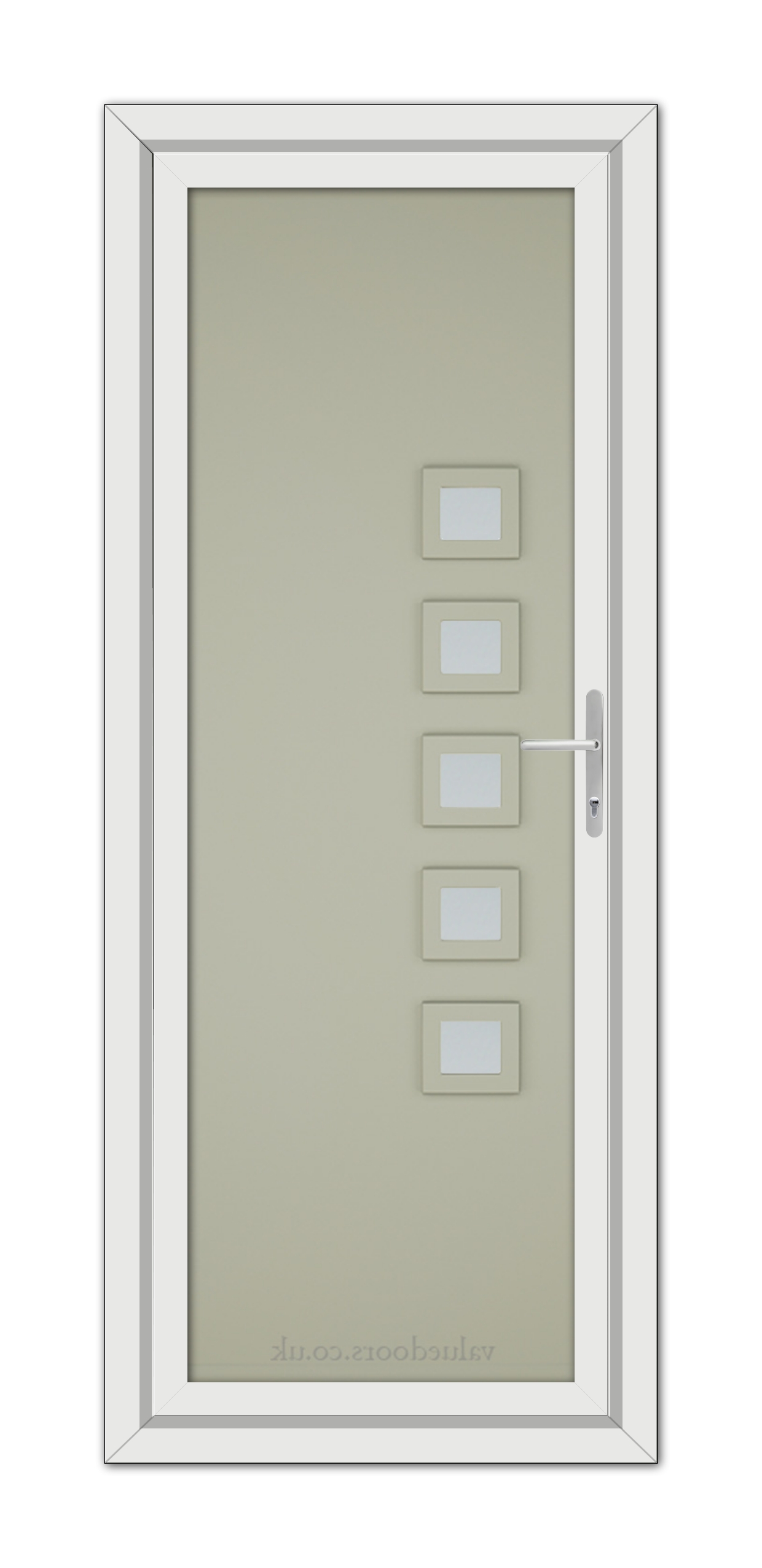 Agate Grey Malaga uPVC Door with a vertical line of five square windows and a silver handle, isolated on a white background.