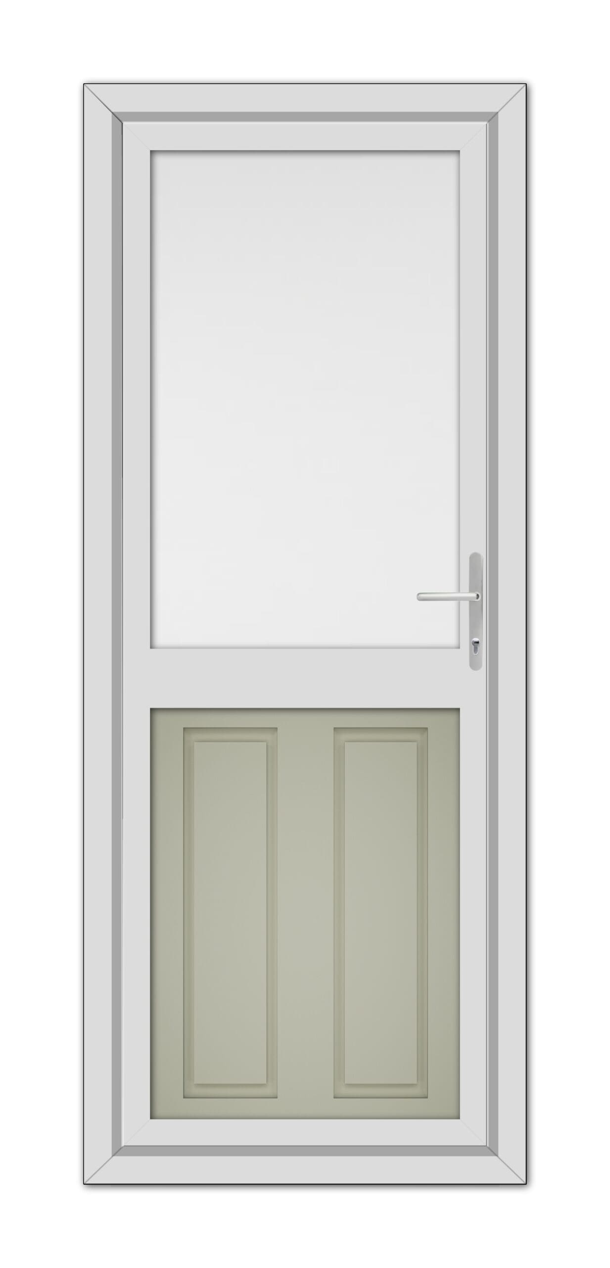 A modern Agate Grey Manor Half uPVC Back Door with a large window on the top and two frosted glass panels on the bottom, featuring a metallic handle on the right side.